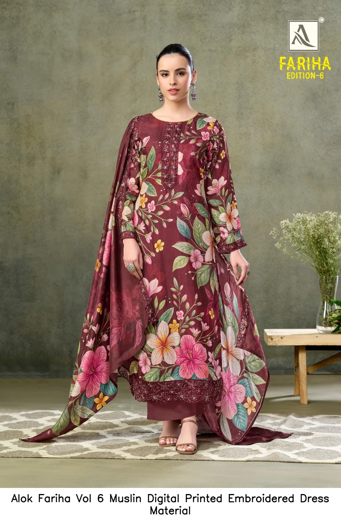 Alok Fariha Vol 6 Muslin Digital Printed Embroidered Dress Material — Wholesale Salwar Suits, Alok wholesale from Surat — view 6