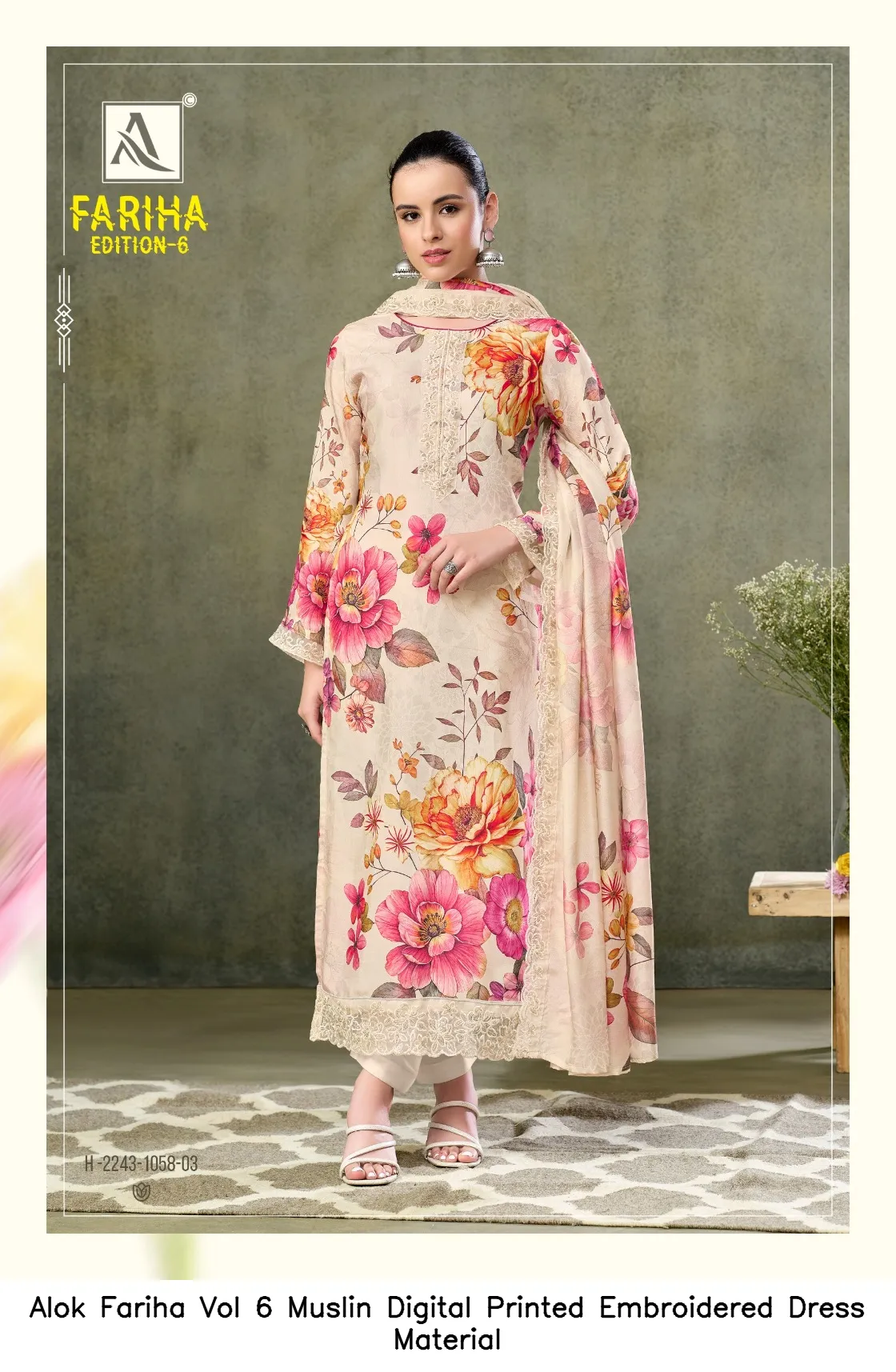 Alok Fariha Vol 6 Muslin Digital Printed Embroidered Dress Material — Wholesale Salwar Suits, Alok wholesale from Surat — view 8