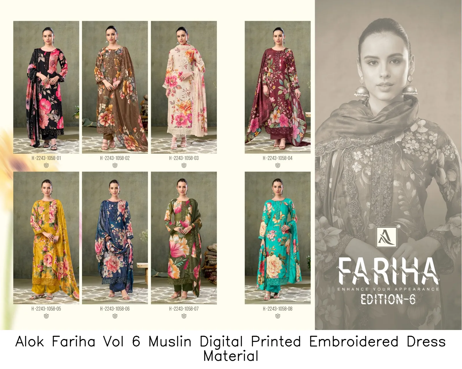 Alok Fariha Vol 6 Muslin Digital Printed Embroidered Dress Material — Wholesale Salwar Suits, Alok wholesale from Surat — view 9