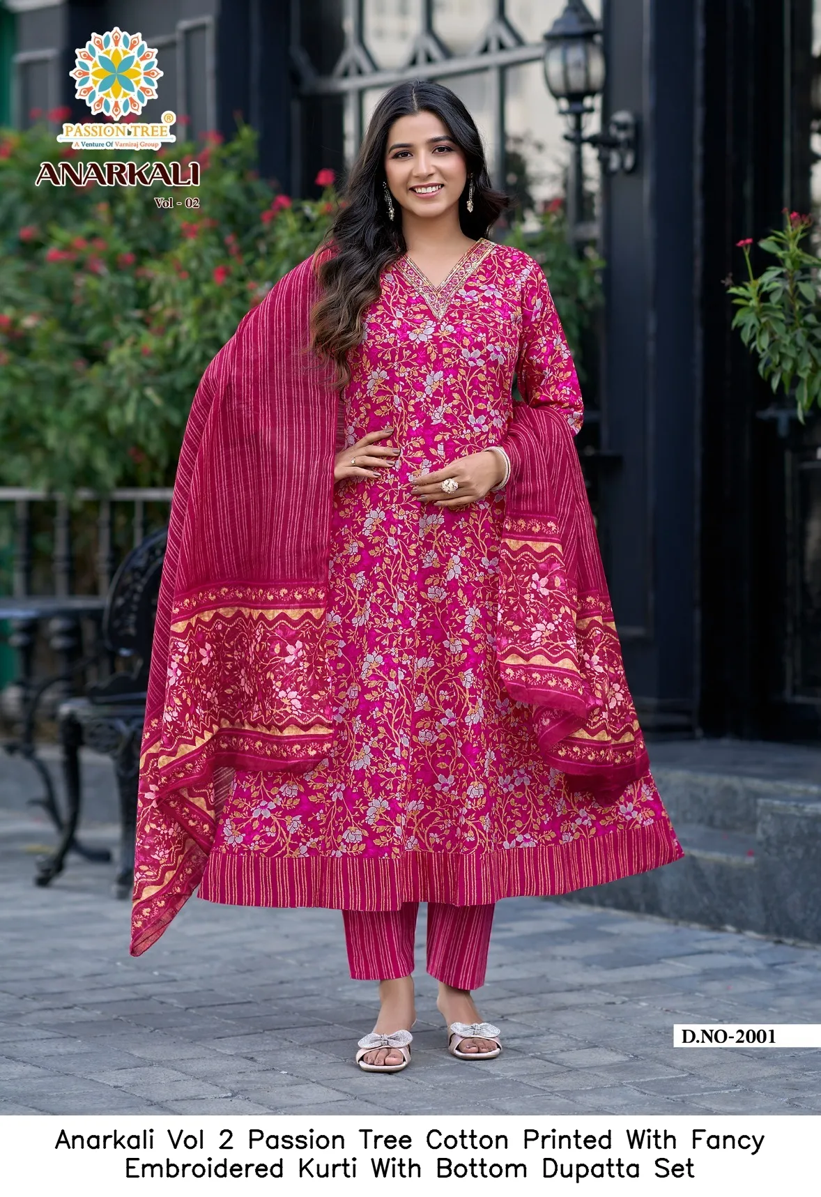 Anarkali Vol 2 Passion Tree Cotton Printed With Fancy Embroidered Kurti With Bottom Dupatta Set — Wholesale Kurti With Bottom Dupatta, Vardan Ethnic wholesale from Surat - Gallery Image 10
