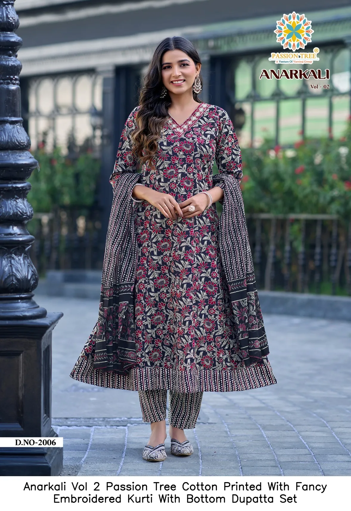 Anarkali Vol 2 Passion Tree Cotton Printed With Fancy Embroidered Kurti With Bottom Dupatta Set — Wholesale Kurti With Bottom Dupatta, Vardan Ethnic wholesale from Surat — view 11