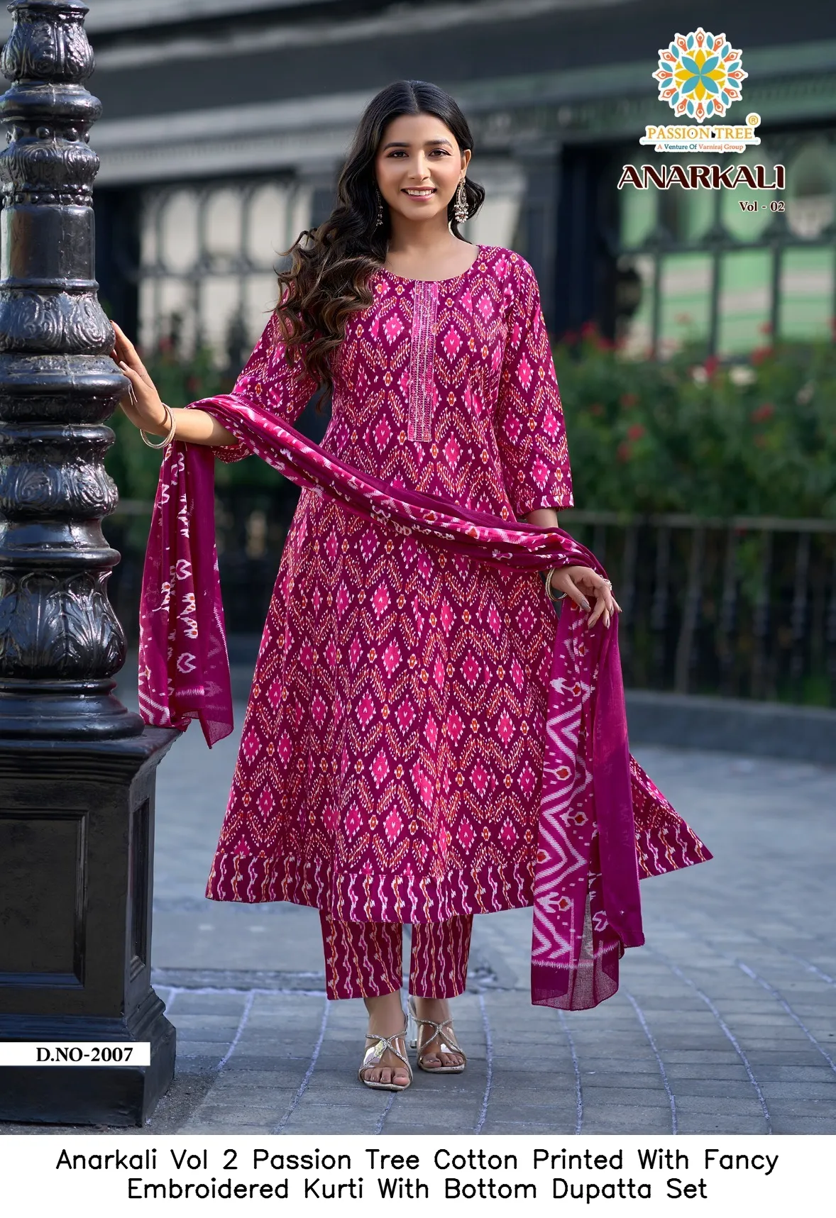 Anarkali Vol 2 Passion Tree Cotton Printed With Fancy Embroidered Kurti With Bottom Dupatta Set — Wholesale Kurti With Bottom Dupatta, Vardan Ethnic wholesale from Surat - Gallery Image 2