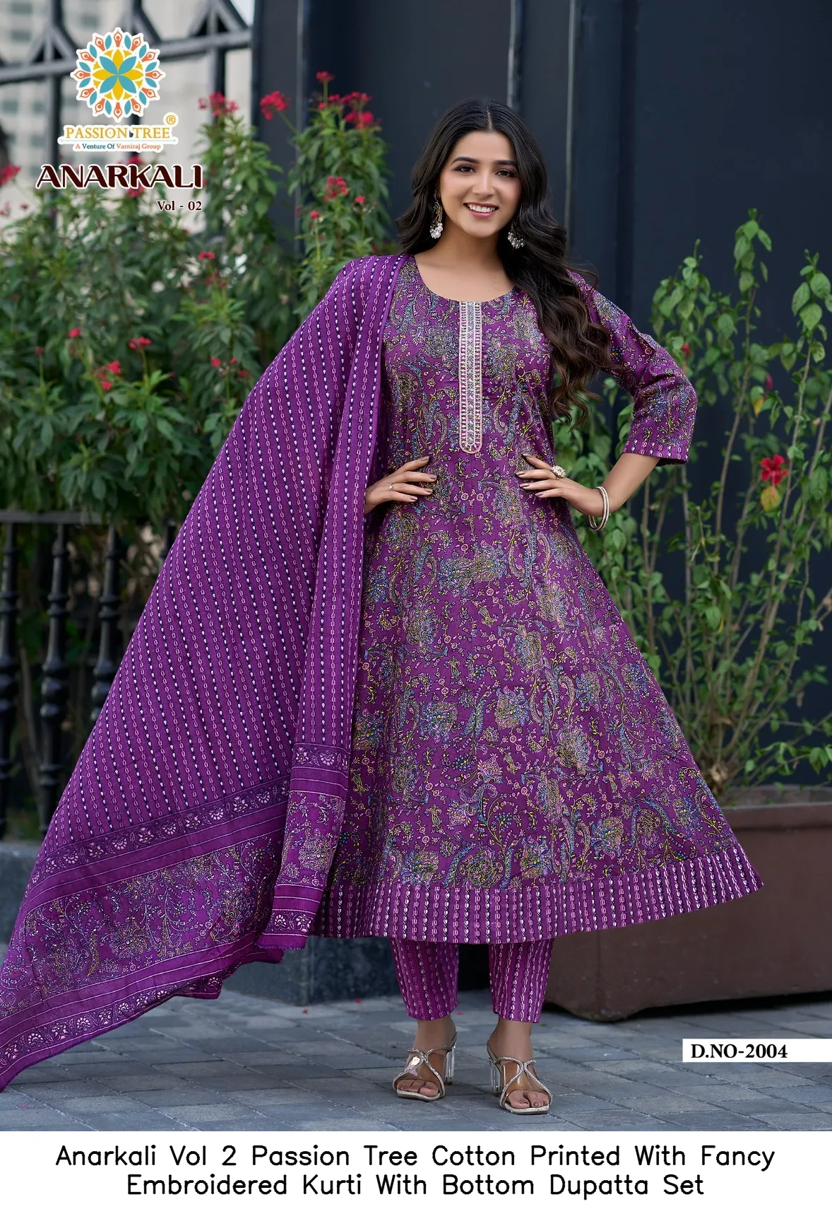 Anarkali Vol 2 Passion Tree Cotton Printed With Fancy Embroidered Kurti With Bottom Dupatta Set — Wholesale Kurti With Bottom Dupatta, Vardan Ethnic wholesale from Surat - Gallery Image 3