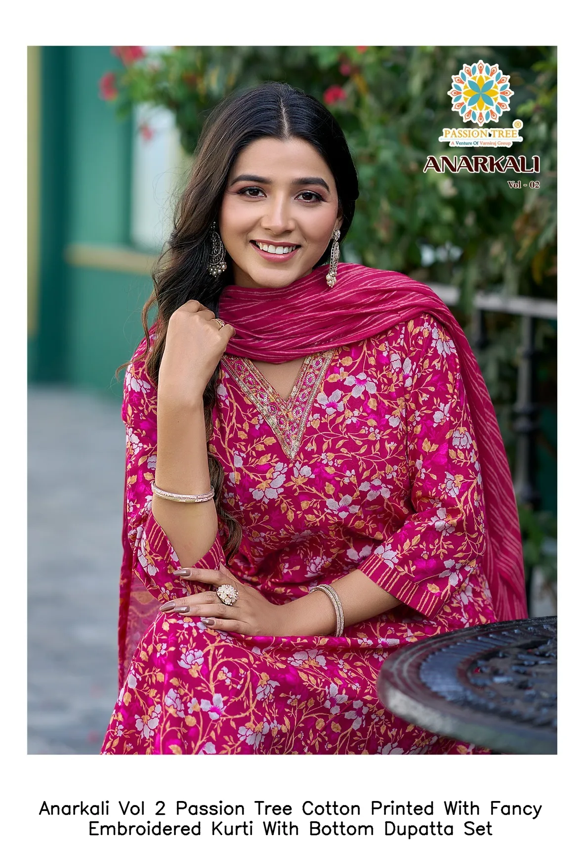 Anarkali Vol 2 Passion Tree Cotton Printed With Fancy Embroidered Kurti With Bottom Dupatta Set — Wholesale Kurti With Bottom Dupatta, Vardan Ethnic wholesale from Surat - Gallery Image 4