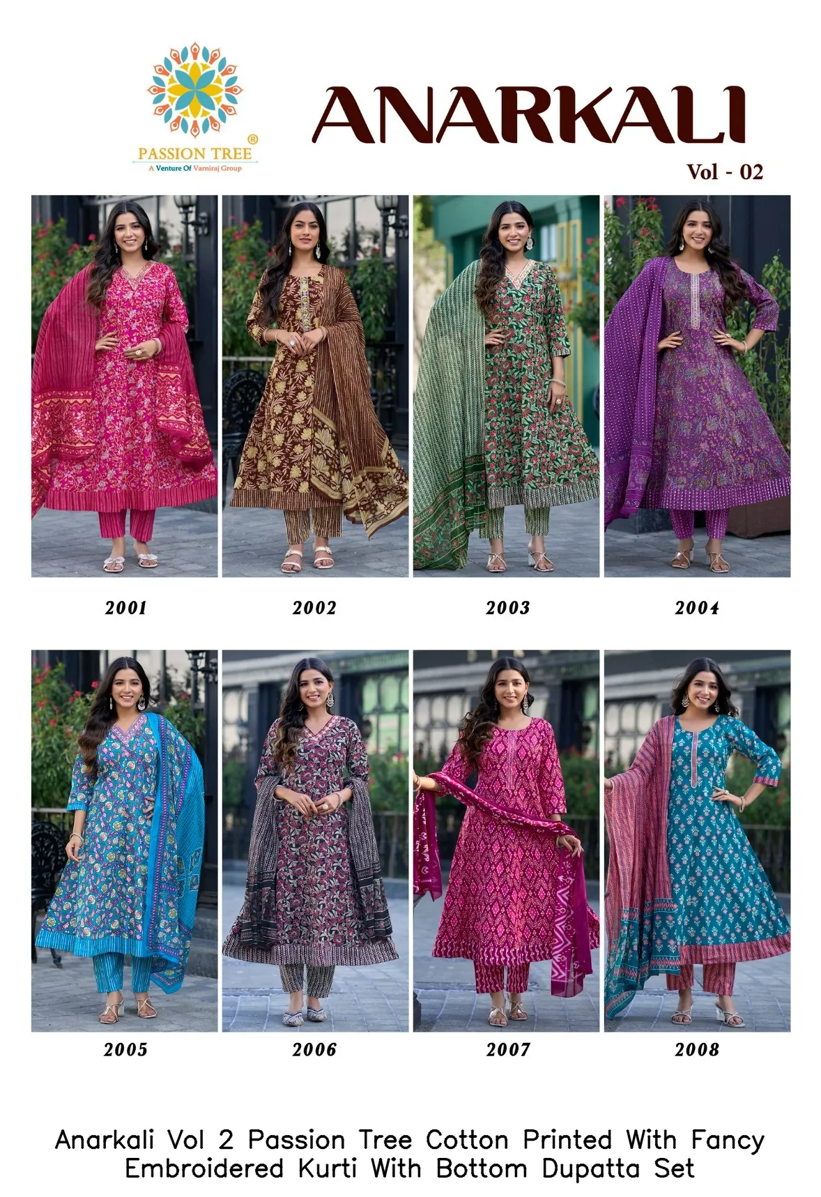Anarkali Vol 2 Passion Tree Cotton Printed With Fancy Embroidered Kurti With Bottom Dupatta Set — Wholesale Kurti With Bottom Dupatta, Vardan Ethnic wholesale from Surat - Gallery Image 5