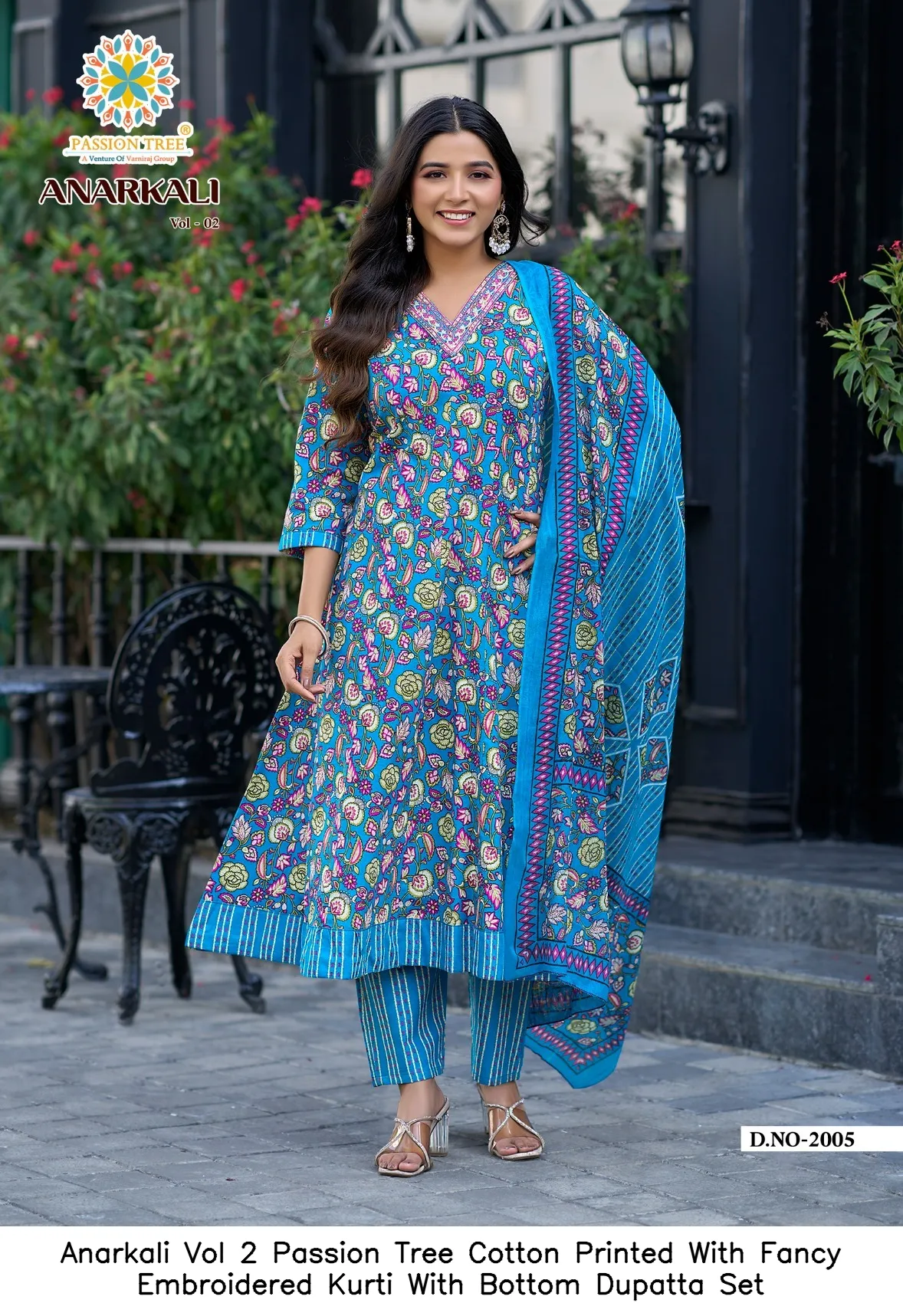 Anarkali Vol 2 Passion Tree Cotton Printed With Fancy Embroidered Kurti With Bottom Dupatta Set — Wholesale Kurti With Bottom Dupatta, Vardan Ethnic wholesale from Surat - Gallery Image 6