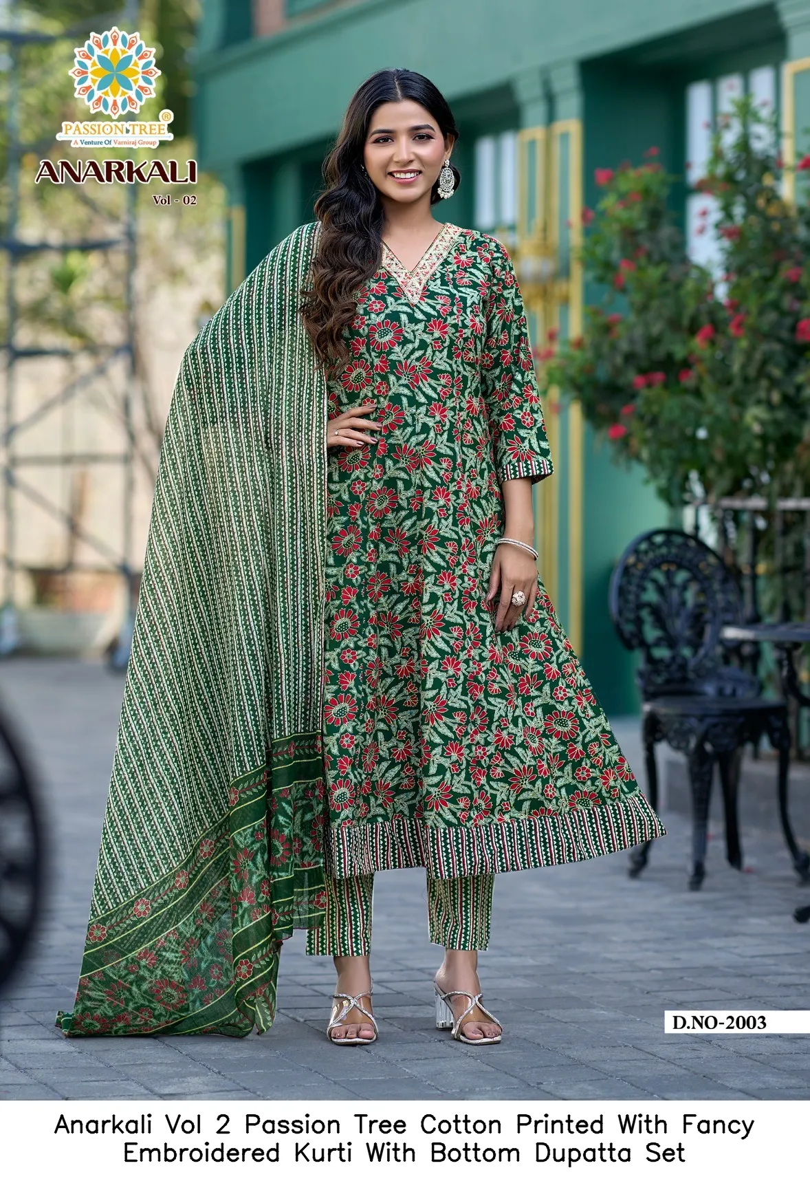 Anarkali Vol 2 Passion Tree Cotton Printed With Fancy Embroidered Kurti With Bottom Dupatta Set — Wholesale Kurti With Bottom Dupatta, Vardan Ethnic wholesale from Surat - Gallery Image 7