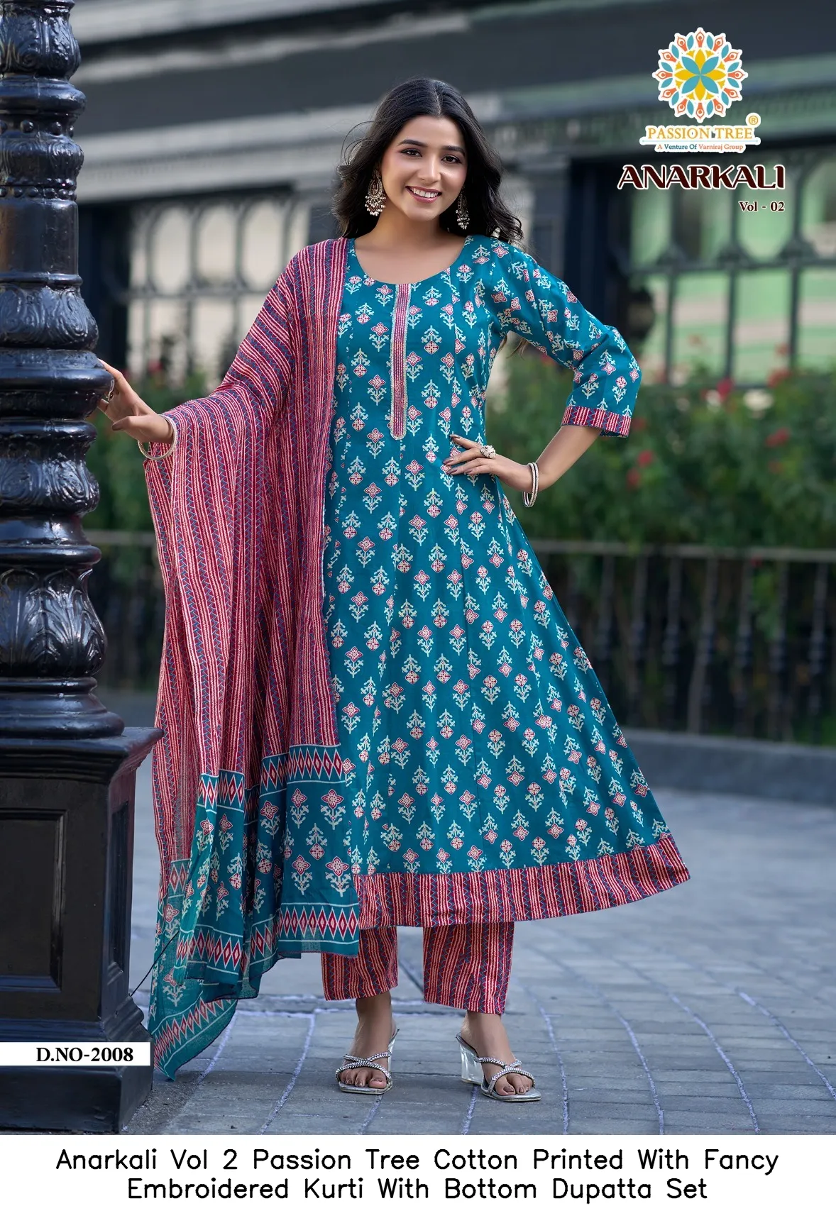 Anarkali Vol 2 Passion Tree Cotton Printed With Fancy Embroidered Kurti With Bottom Dupatta Set — Wholesale Kurti With Bottom Dupatta, Vardan Ethnic wholesale from Surat - Gallery Image 9