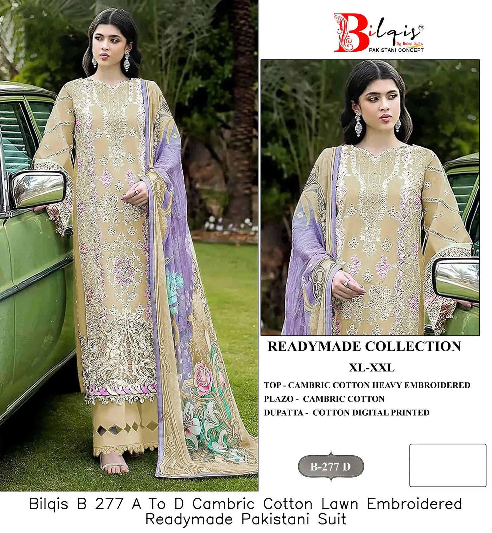 Bilqis B 277 A To D Cambric Cotton Lawn Embroidered Readymade Pakistani Suit — Wholesale Readymade Pakistani Suits, Bilqis wholesale from Surat — view 2
