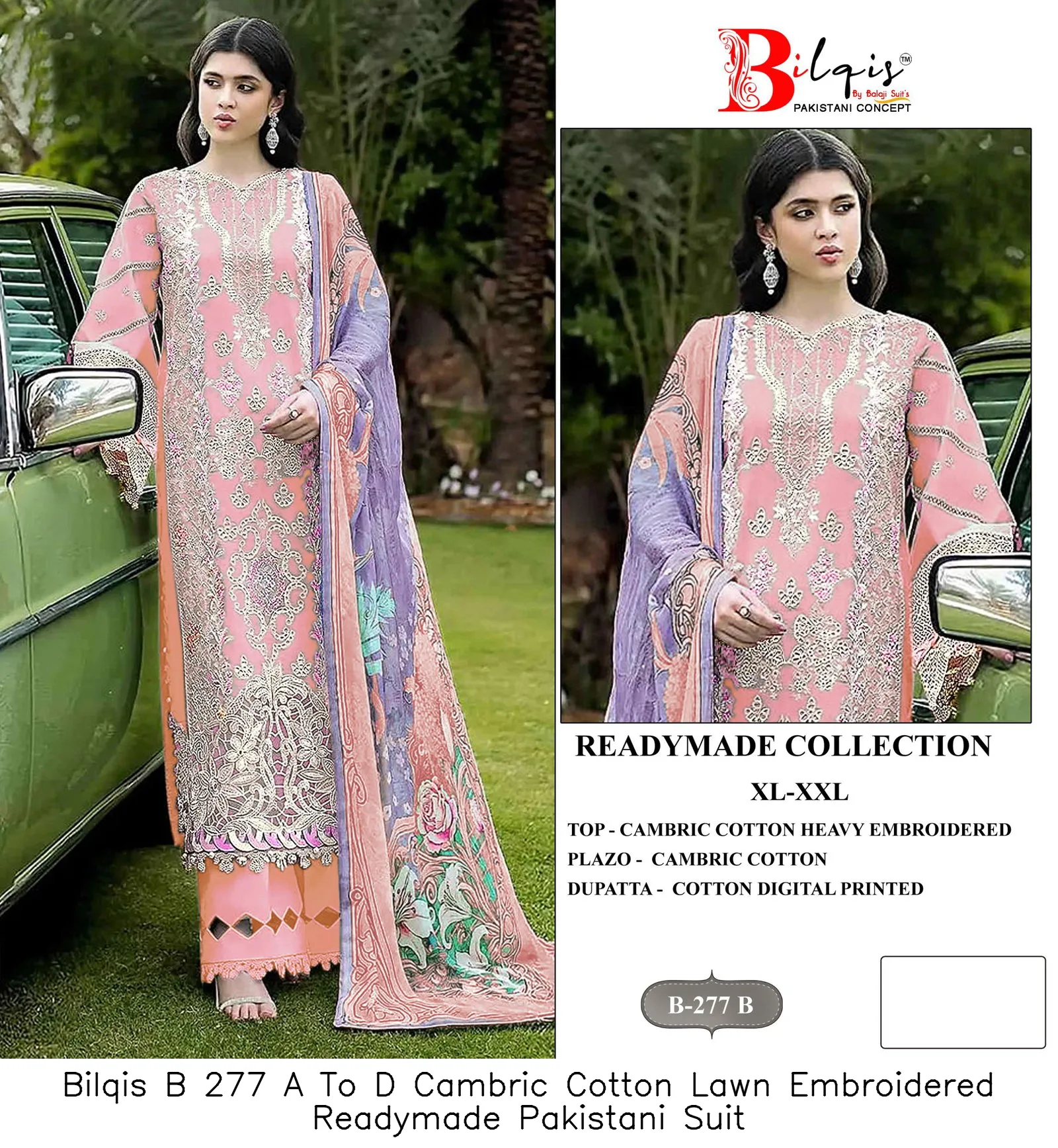 Bilqis B 277 A To D Cambric Cotton Lawn Embroidered Readymade Pakistani Suit — Wholesale Readymade Pakistani Suits, Bilqis wholesale from Surat — view 3