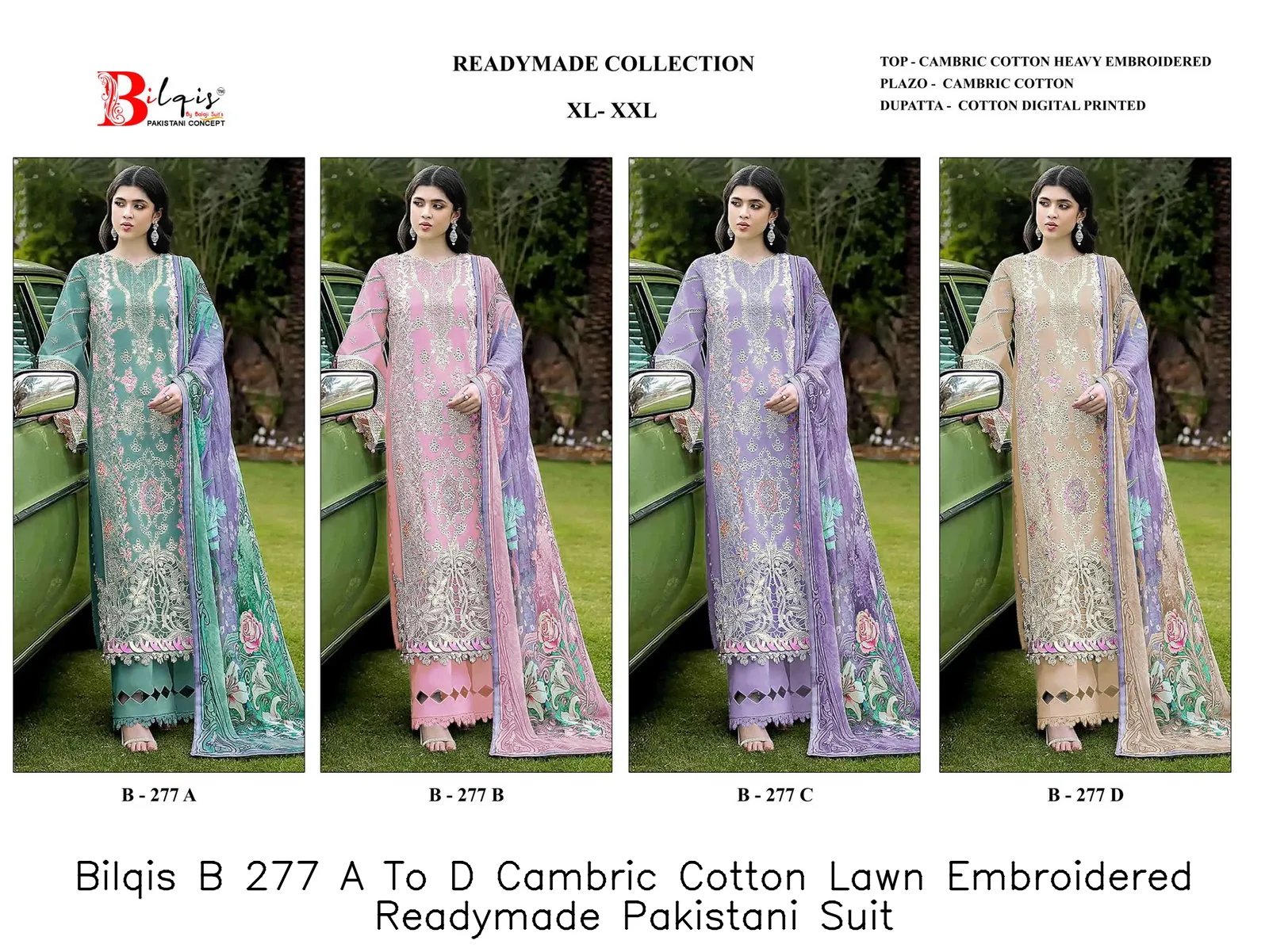 Bilqis B 277 A To D Cambric Cotton Lawn Embroidered Readymade Pakistani Suit — Wholesale Readymade Pakistani Suits, Bilqis wholesale from Surat — view 4
