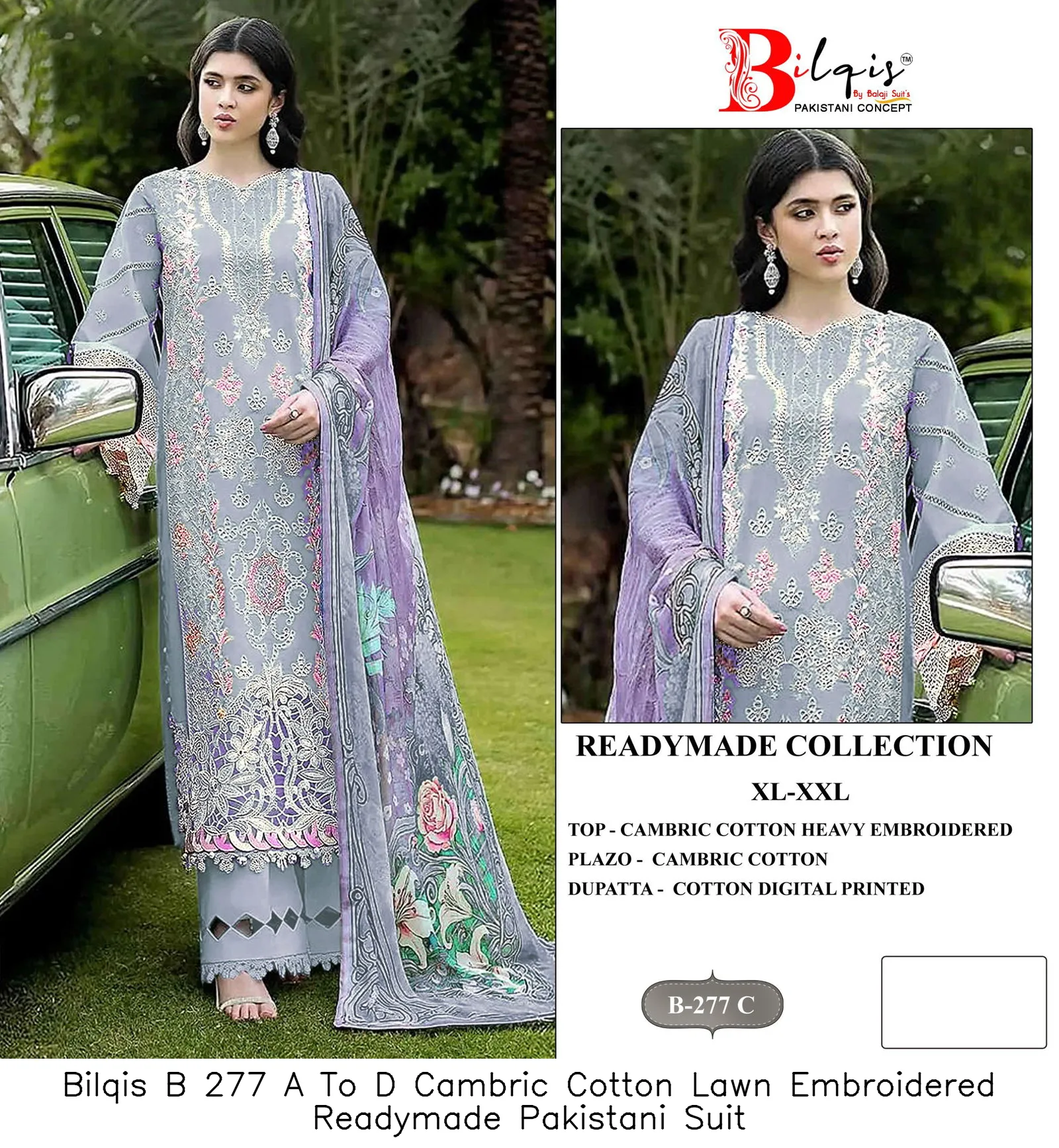 Bilqis B 277 A To D Cambric Cotton Lawn Embroidered Readymade Pakistani Suit — Wholesale Readymade Pakistani Suits, Bilqis wholesale from Surat — view 5