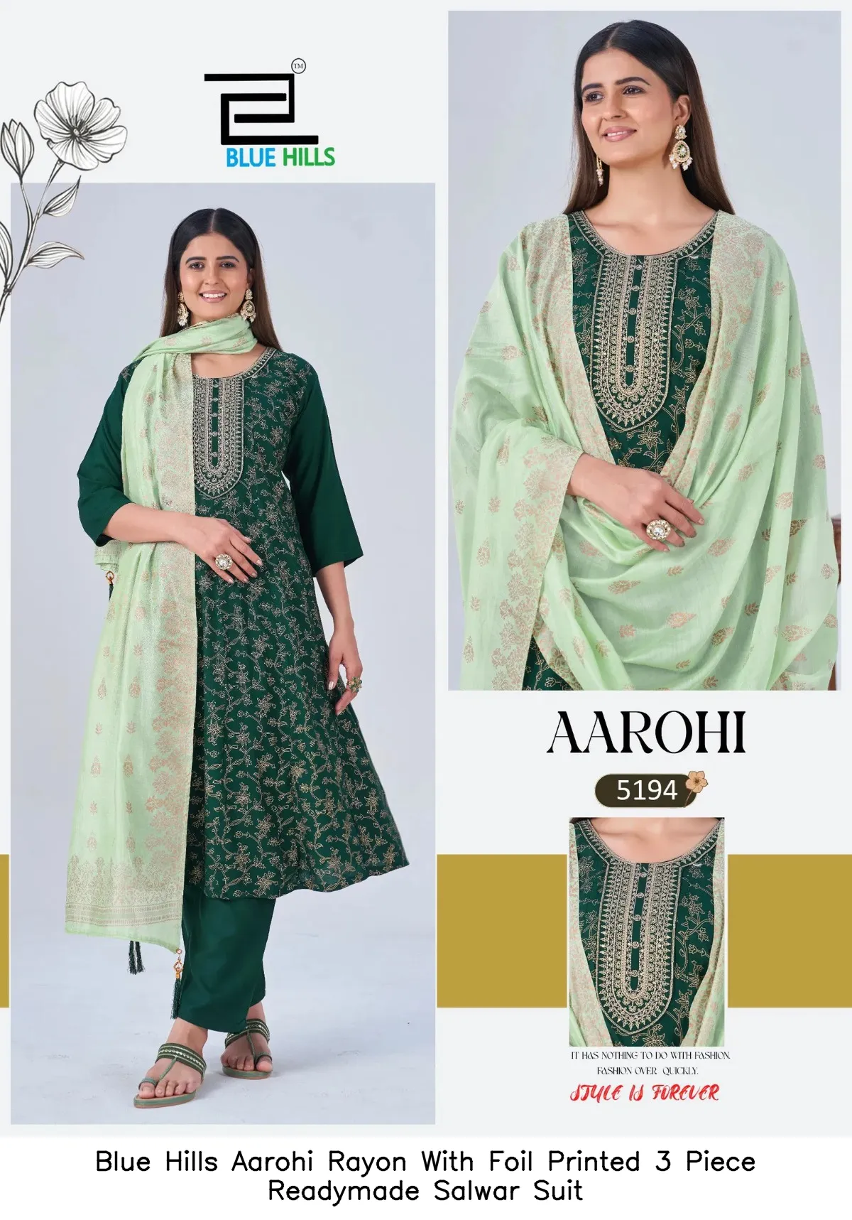 Blue Hills Aarohi Rayon With Foil Printed 3 Piece Readymade Salwar Suit — Wholesale Kurti With Bottom Dupatta, Blue Hills wholesale from Surat - Gallery Image 2