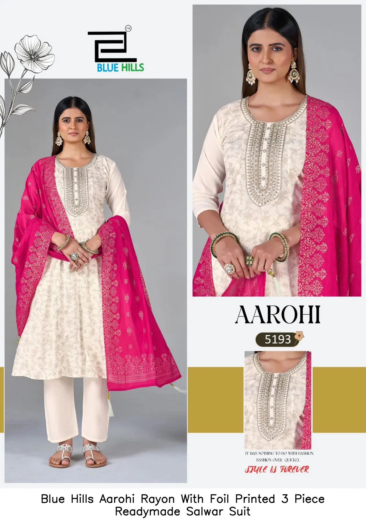 Blue Hills Aarohi Rayon With Foil Printed 3 Piece Readymade Salwar Suit — Wholesale Kurti With Bottom Dupatta, Blue Hills wholesale from Surat - Gallery Image 3