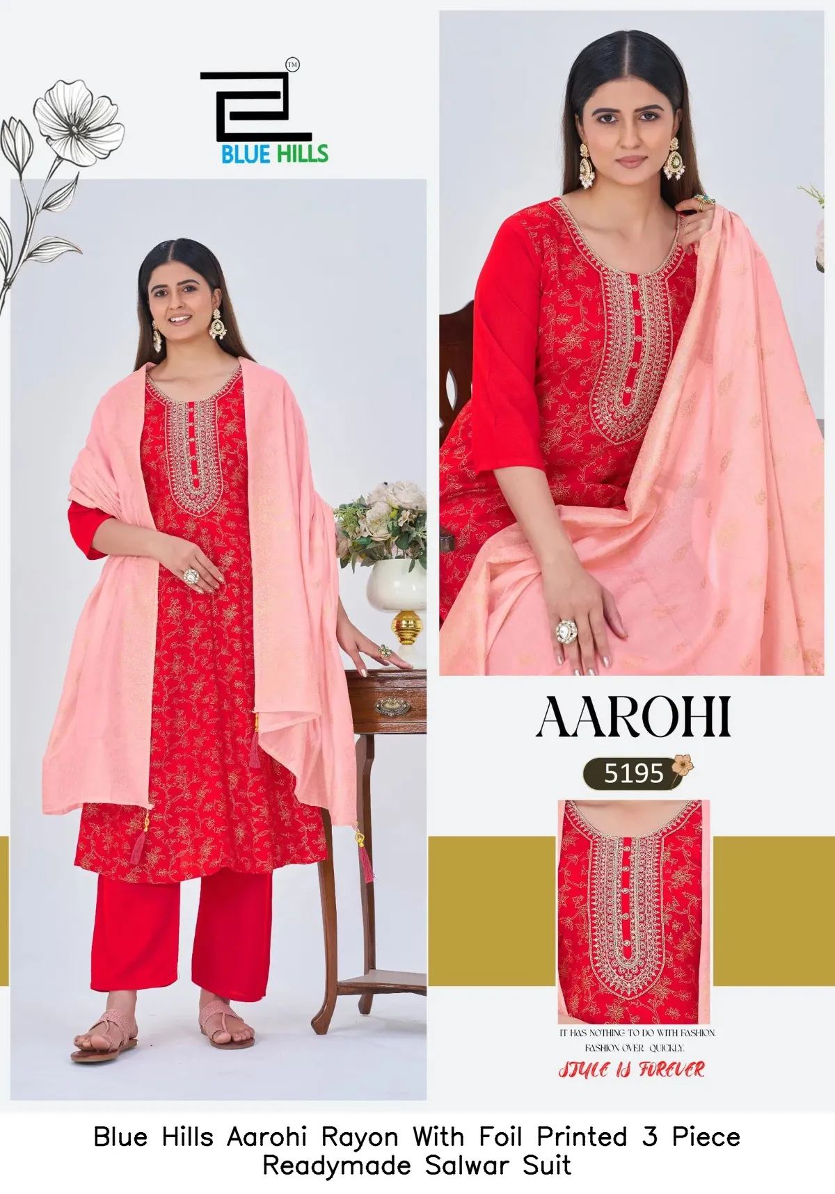 Blue Hills Aarohi Rayon With Foil Printed 3 Piece Readymade Salwar Suit — Wholesale Kurti With Bottom Dupatta, Blue Hills wholesale from Surat — view 5