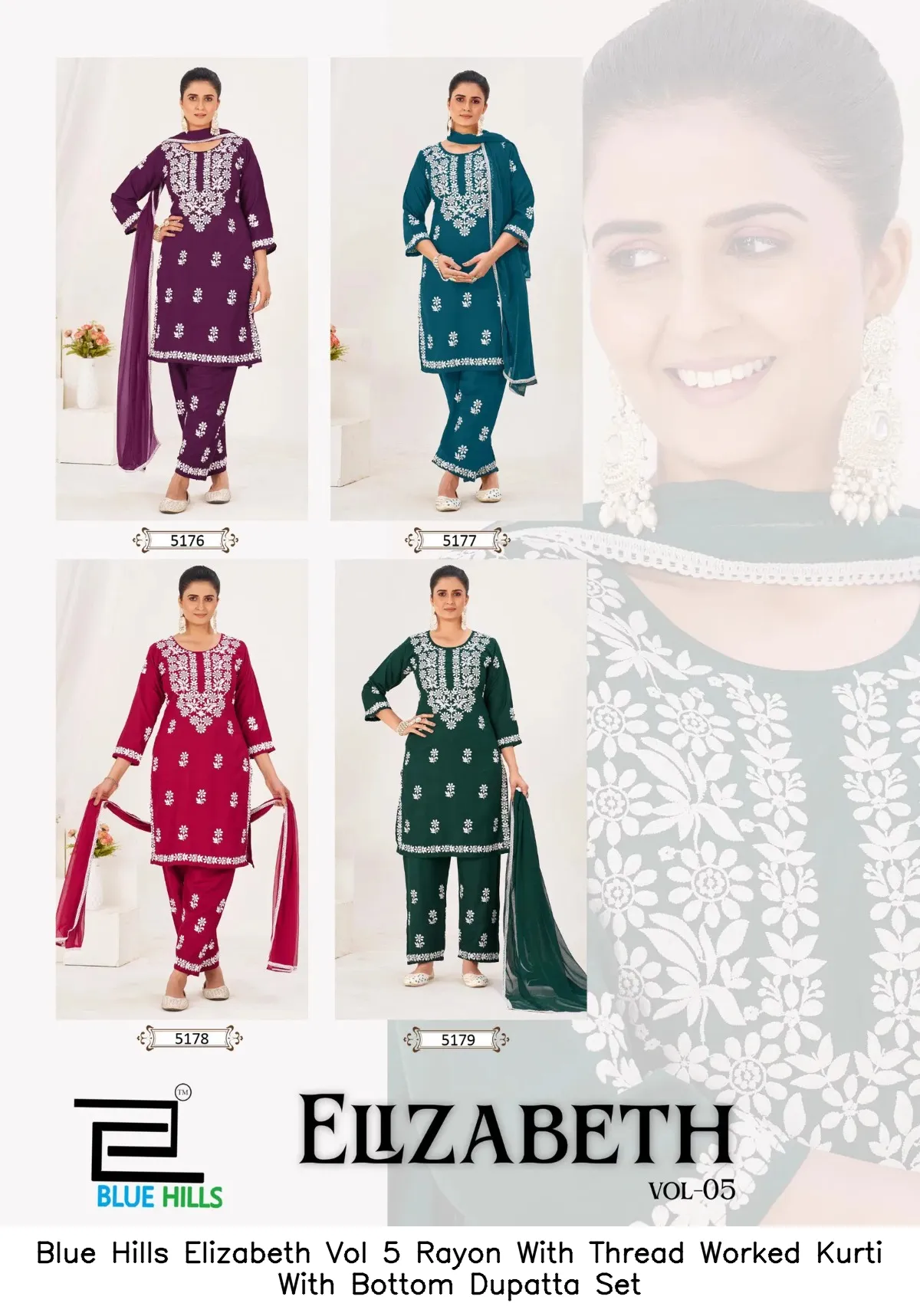 Blue Hills Elizabeth Vol 5 Rayon With Thread Worked Kurti With Bottom Dupatta Set — Wholesale Kurti With Bottom Dupatta, Blue Hills wholesale from Surat — view 2
