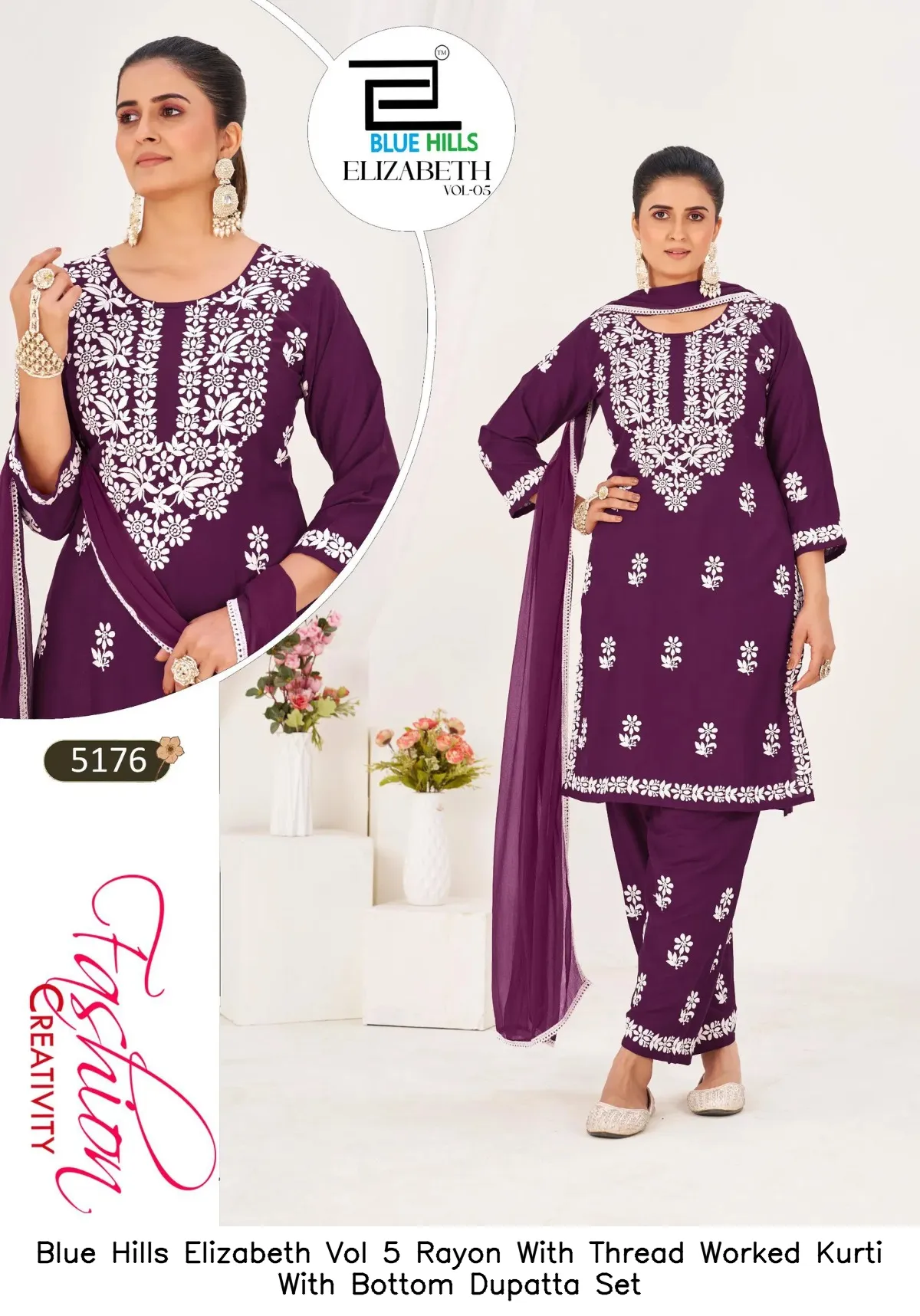 Blue Hills Elizabeth Vol 5 Rayon With Thread Worked Kurti With Bottom Dupatta Set — Wholesale Kurti With Bottom Dupatta, Blue Hills wholesale from Surat — view 3
