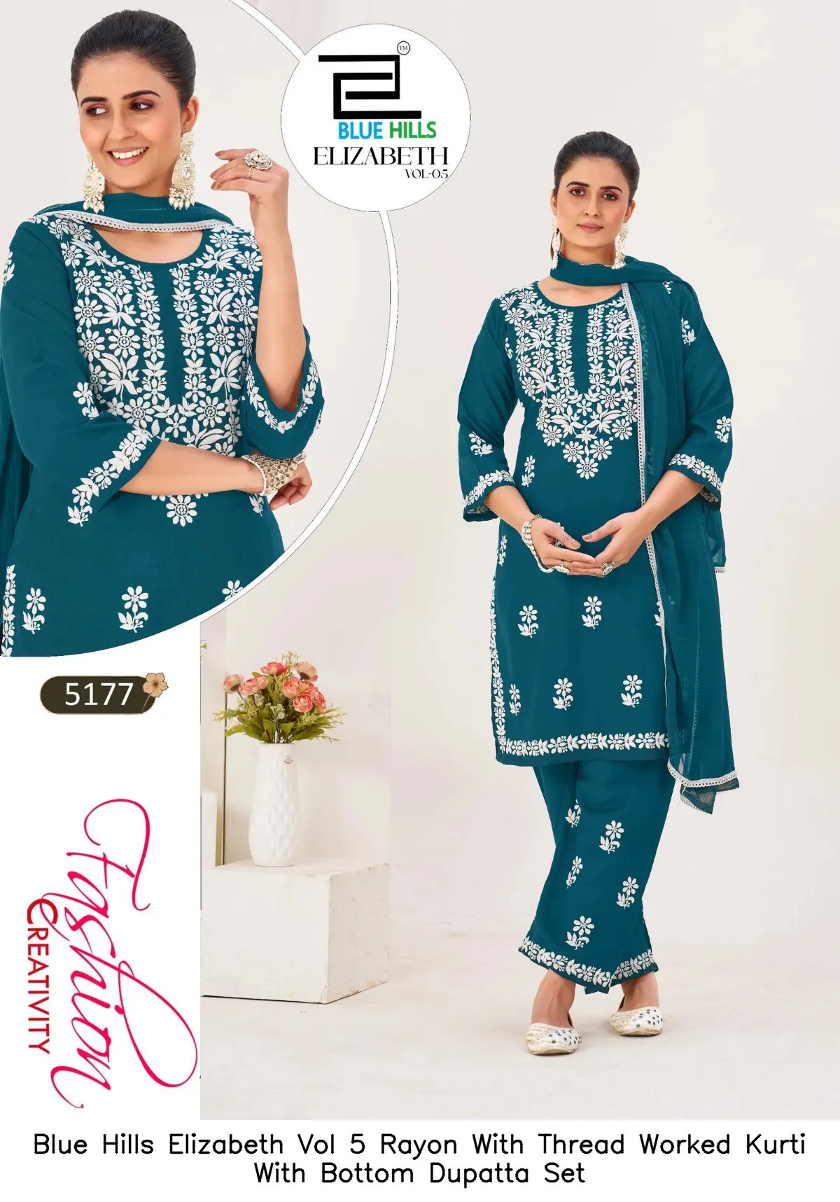 Blue Hills Elizabeth Vol 5 Rayon With Thread Worked Kurti With Bottom Dupatta Set — Wholesale Kurti With Bottom Dupatta, Blue Hills wholesale from Surat — view 4