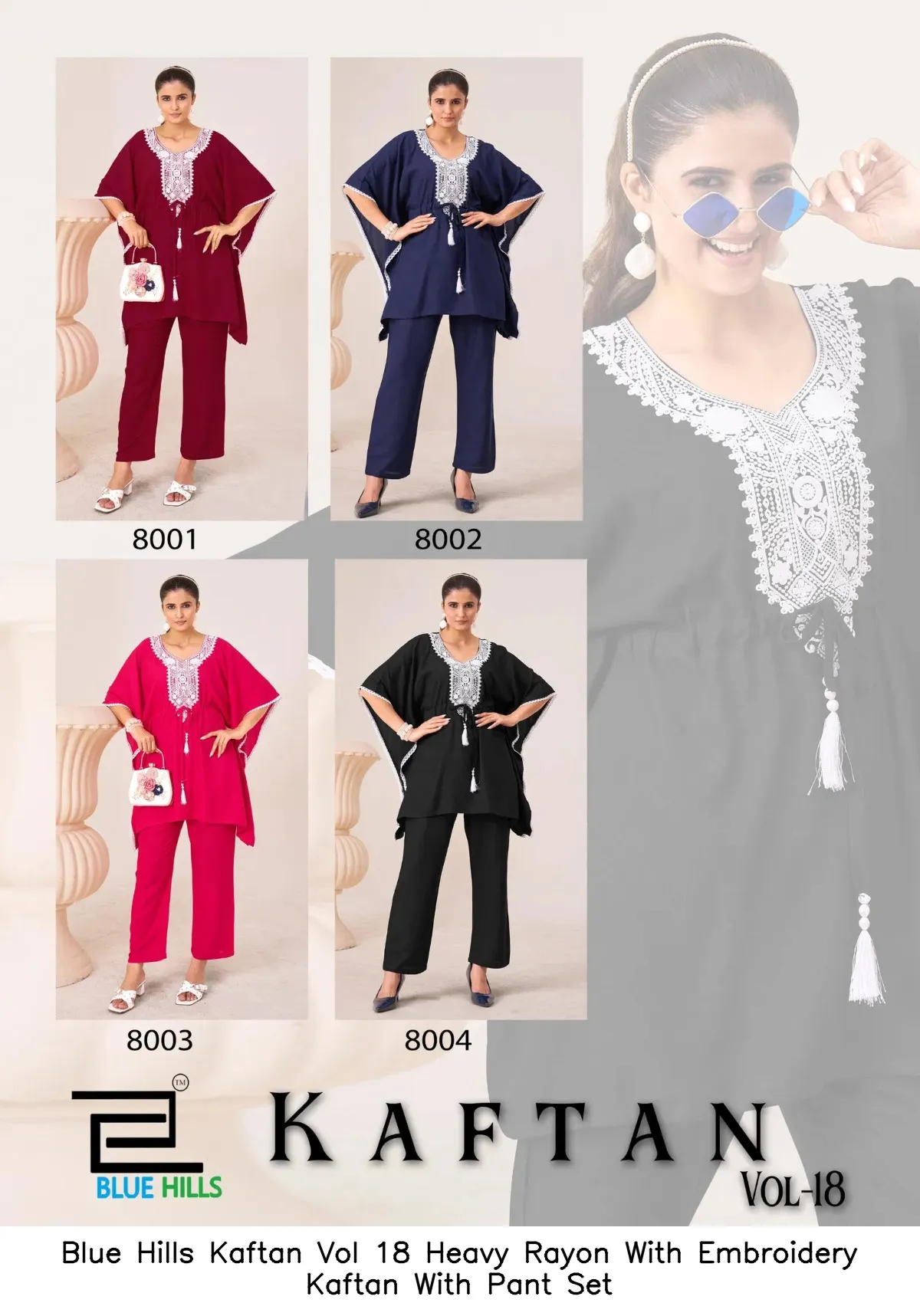 Blue Hills Kaftan Vol 18 Heavy Rayon With Embroidery Kaftan With Pant Set — Wholesale Cotton Kurti Pant Set, Blue Hills wholesale from Surat — Photo 2
