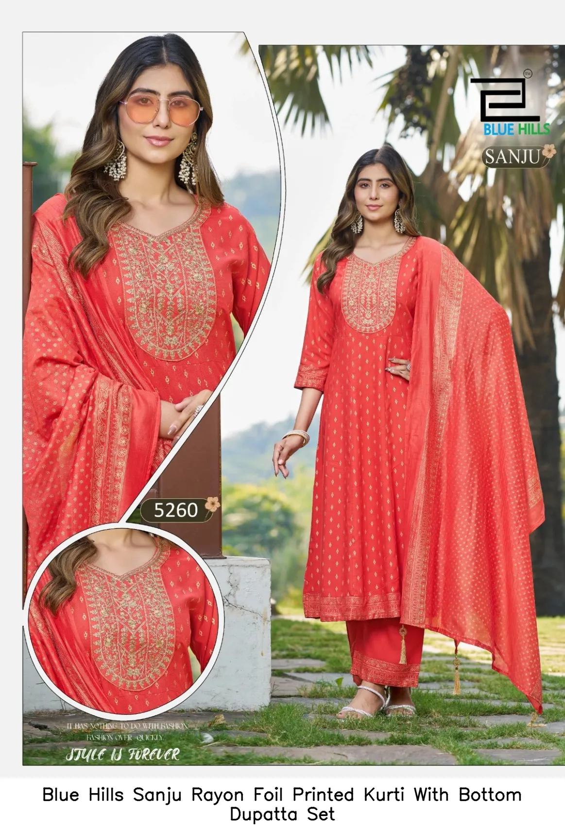 Blue Hills Sanju Rayon Foil Printed Kurti With Bottom Dupatta Set — Wholesale Kurti With Bottom Dupatta, Blue Hills wholesale from Surat - Gallery Image 2