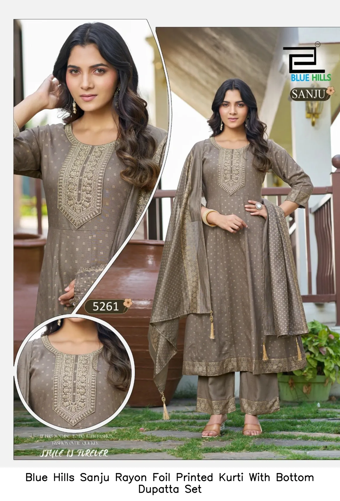 Blue Hills Sanju Rayon Foil Printed Kurti With Bottom Dupatta Set — Wholesale Kurti With Bottom Dupatta, Blue Hills wholesale from Surat - Gallery Image 5