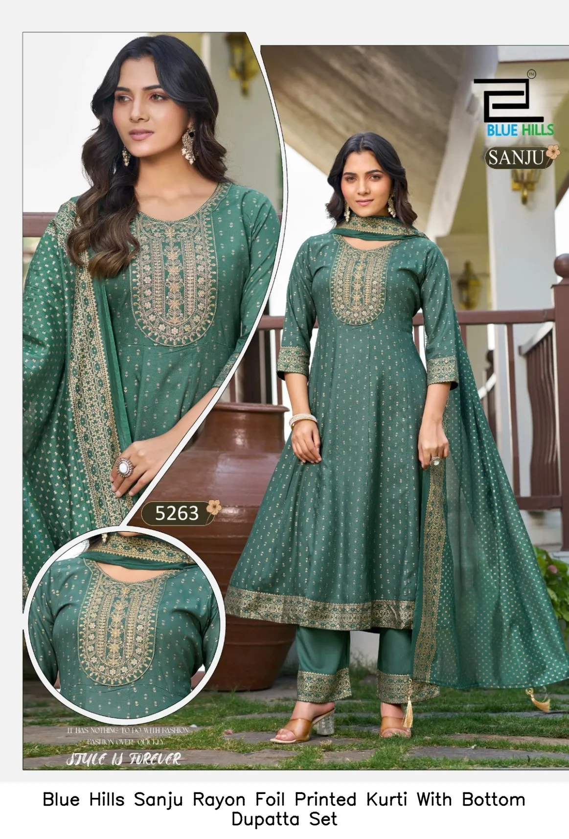 Blue Hills Sanju Rayon Foil Printed Kurti With Bottom Dupatta Set — Wholesale Kurti With Bottom Dupatta, Blue Hills wholesale from Surat - Gallery Image 6