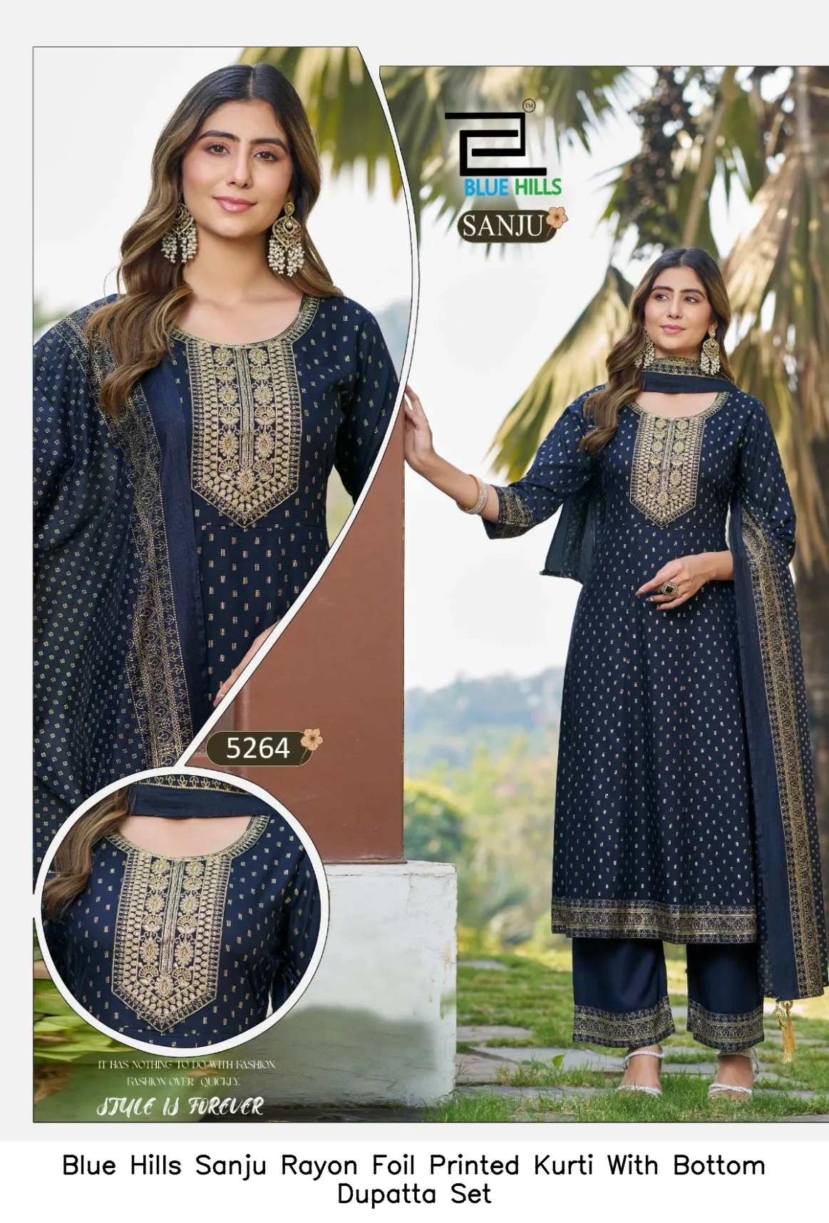 Blue Hills Sanju Rayon Foil Printed Kurti With Bottom Dupatta Set — Wholesale Kurti With Bottom Dupatta, Blue Hills wholesale from Surat — view 7