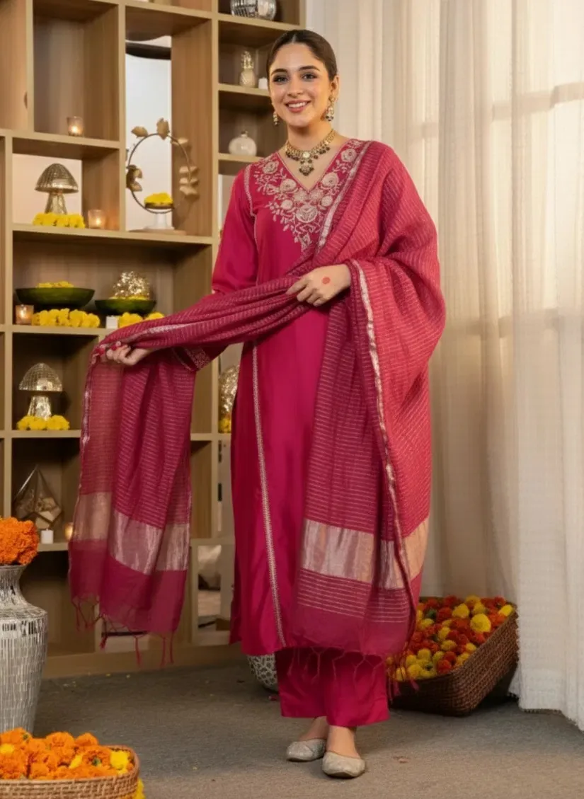 Dhruvi 424 Silk With Handworked Fancy Kurti With Bottom Dupatta Set — Wholesale Kurti With Bottom Dupatta, Dhruvi wholesale from Surat — view 1