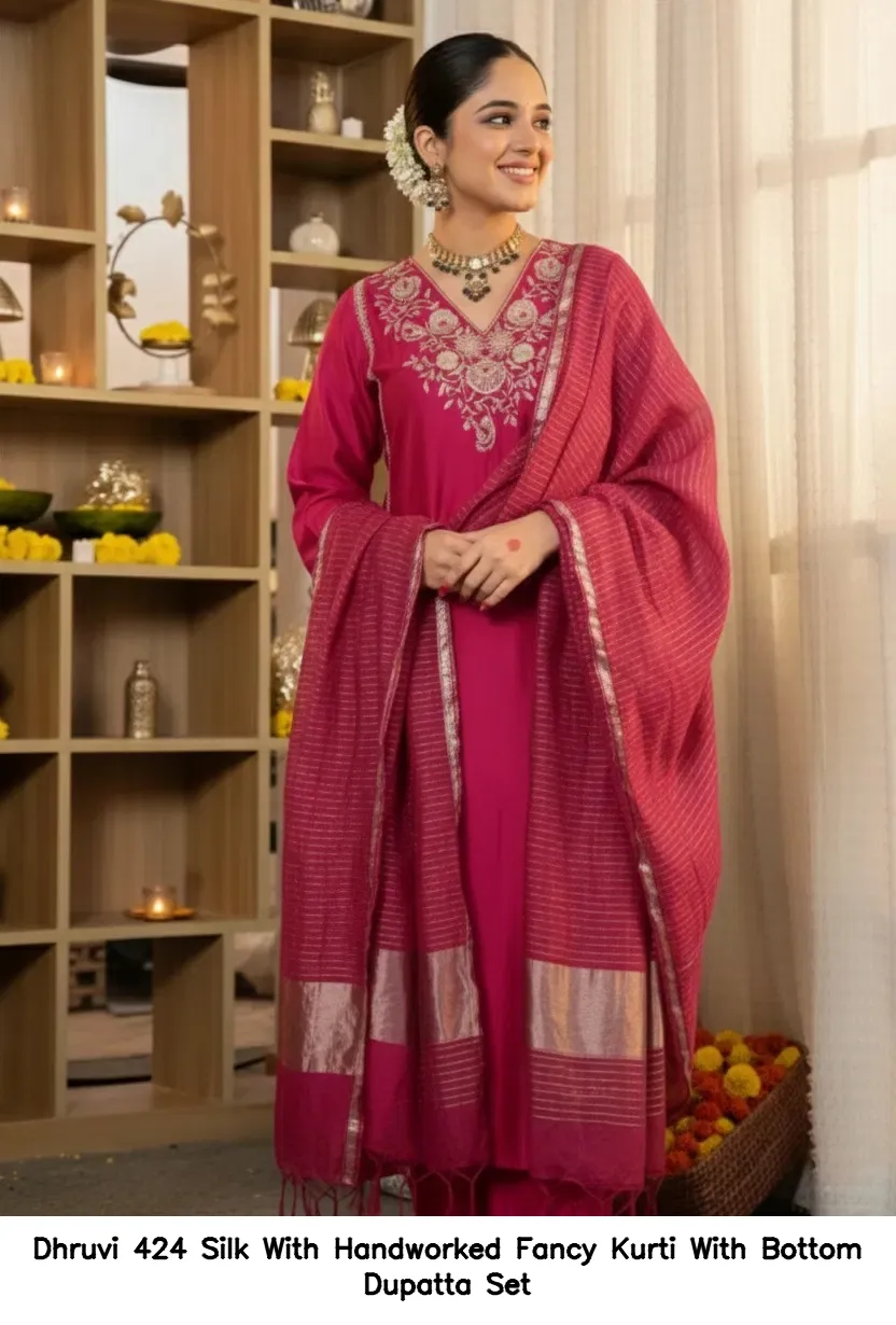 Dhruvi 424 Silk With Handworked Fancy Kurti With Bottom Dupatta Set — Wholesale Kurti With Bottom Dupatta, Dhruvi wholesale from Surat — view 2