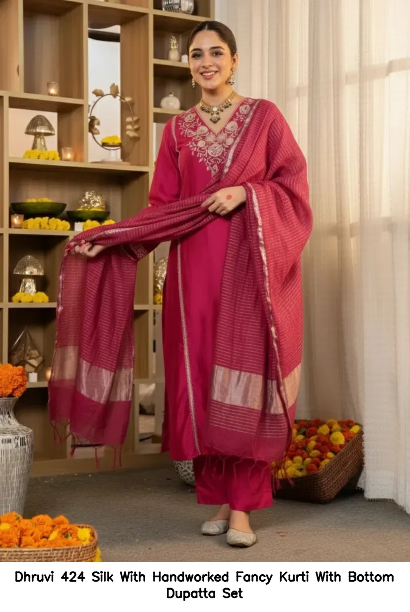 Dhruvi 424 Silk With Handworked Fancy Kurti With Bottom Dupatta Set — Wholesale Kurti With Bottom Dupatta, Dhruvi wholesale from Surat — view 3