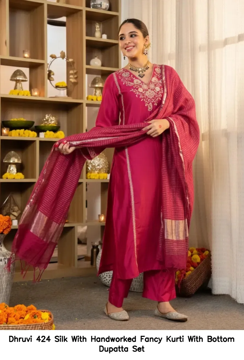 Dhruvi 424 Silk With Handworked Fancy Kurti With Bottom Dupatta Set — Wholesale Kurti With Bottom Dupatta, Dhruvi wholesale from Surat — view 4