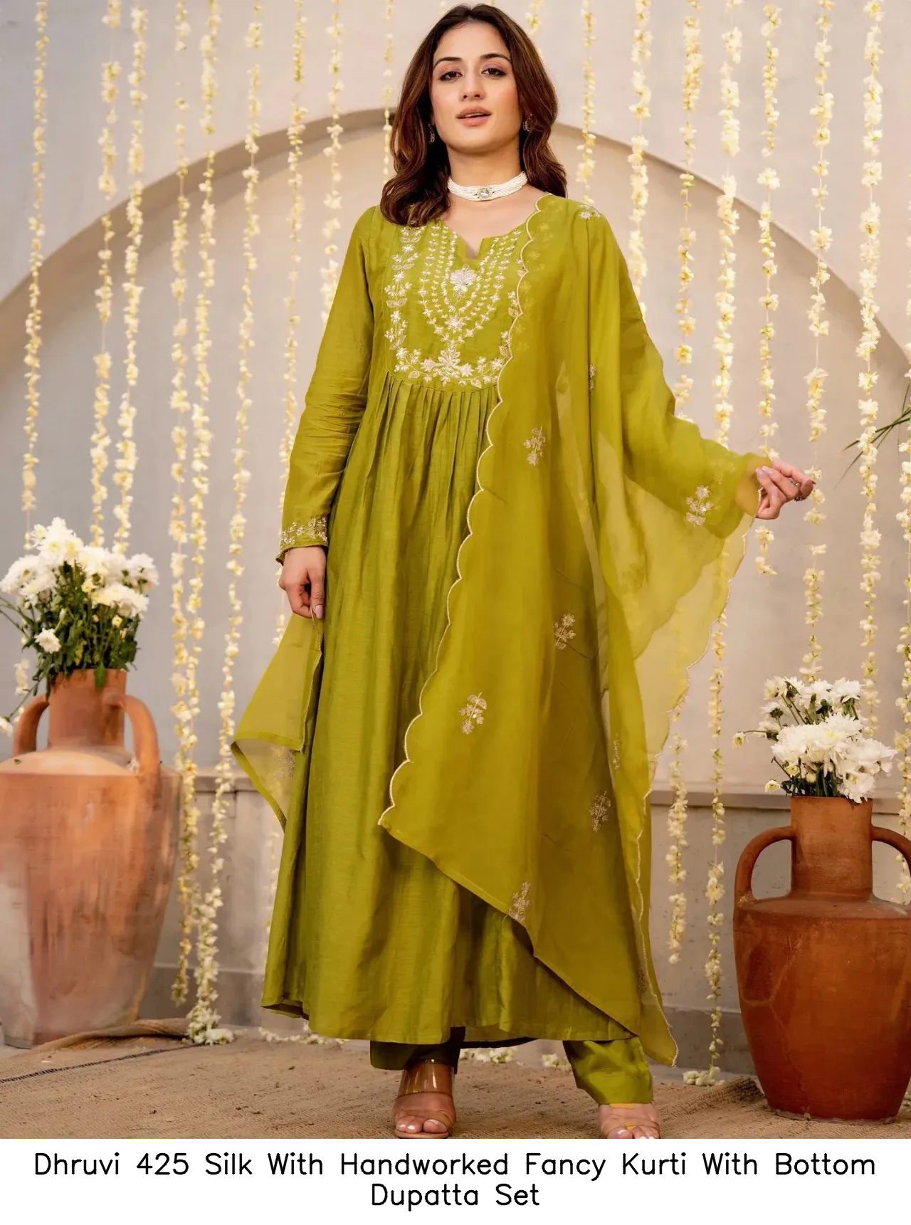 Dhruvi 425 Silk With Handworked Fancy Kurti With Bottom Dupatta Set — Wholesale Kurti With Bottom Dupatta, Dhruvi wholesale from Surat — view 2