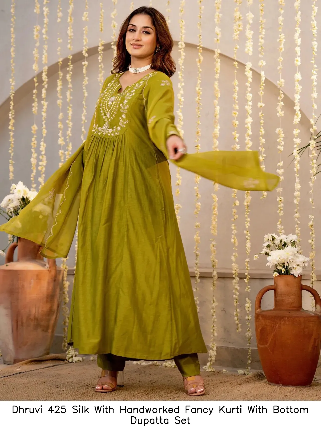 Dhruvi 425 Silk With Handworked Fancy Kurti With Bottom Dupatta Set — Wholesale Kurti With Bottom Dupatta, Dhruvi wholesale from Surat — view 3