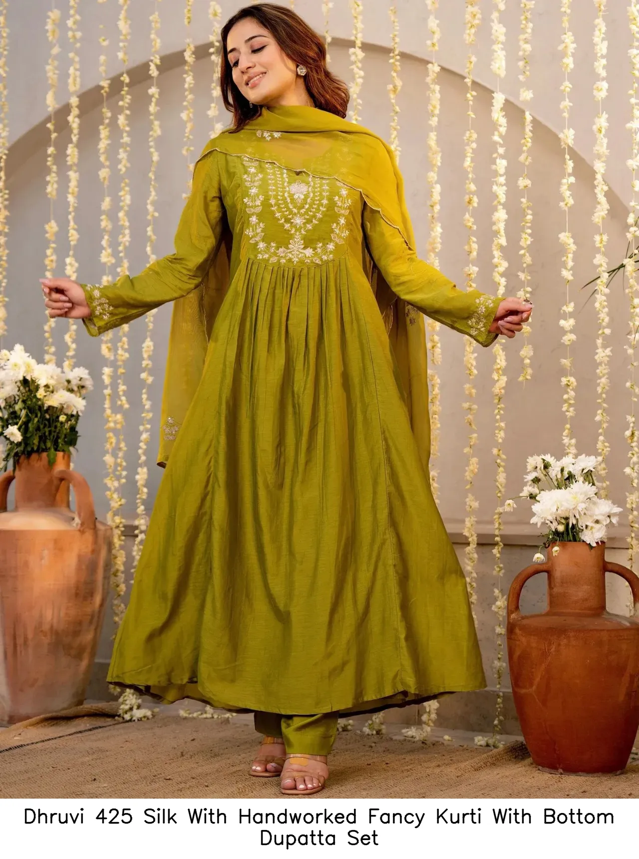 Dhruvi 425 Silk With Handworked Fancy Kurti With Bottom Dupatta Set — Wholesale Kurti With Bottom Dupatta, Dhruvi wholesale from Surat — view 4