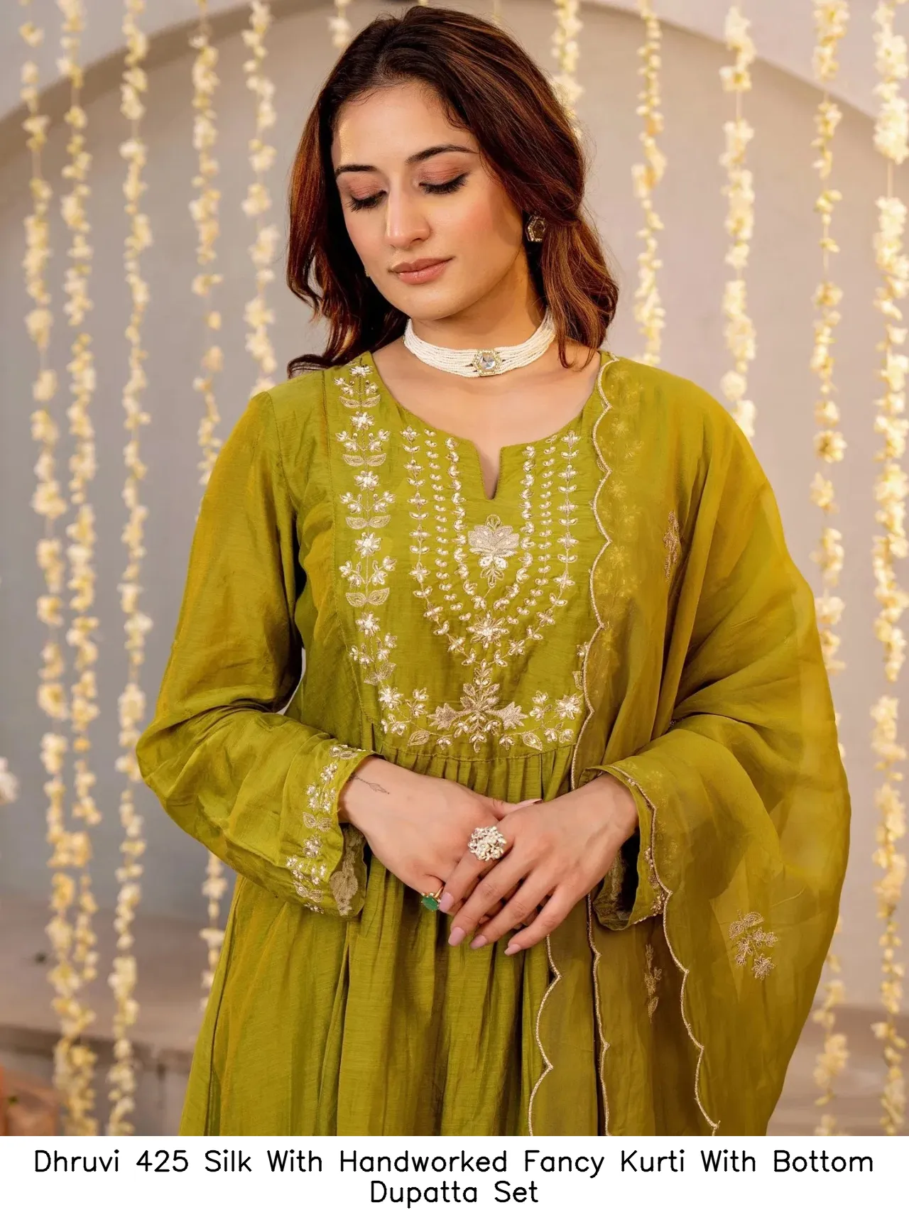 Dhruvi 425 Silk With Handworked Fancy Kurti With Bottom Dupatta Set — Wholesale Kurti With Bottom Dupatta, Dhruvi wholesale from Surat — view 1