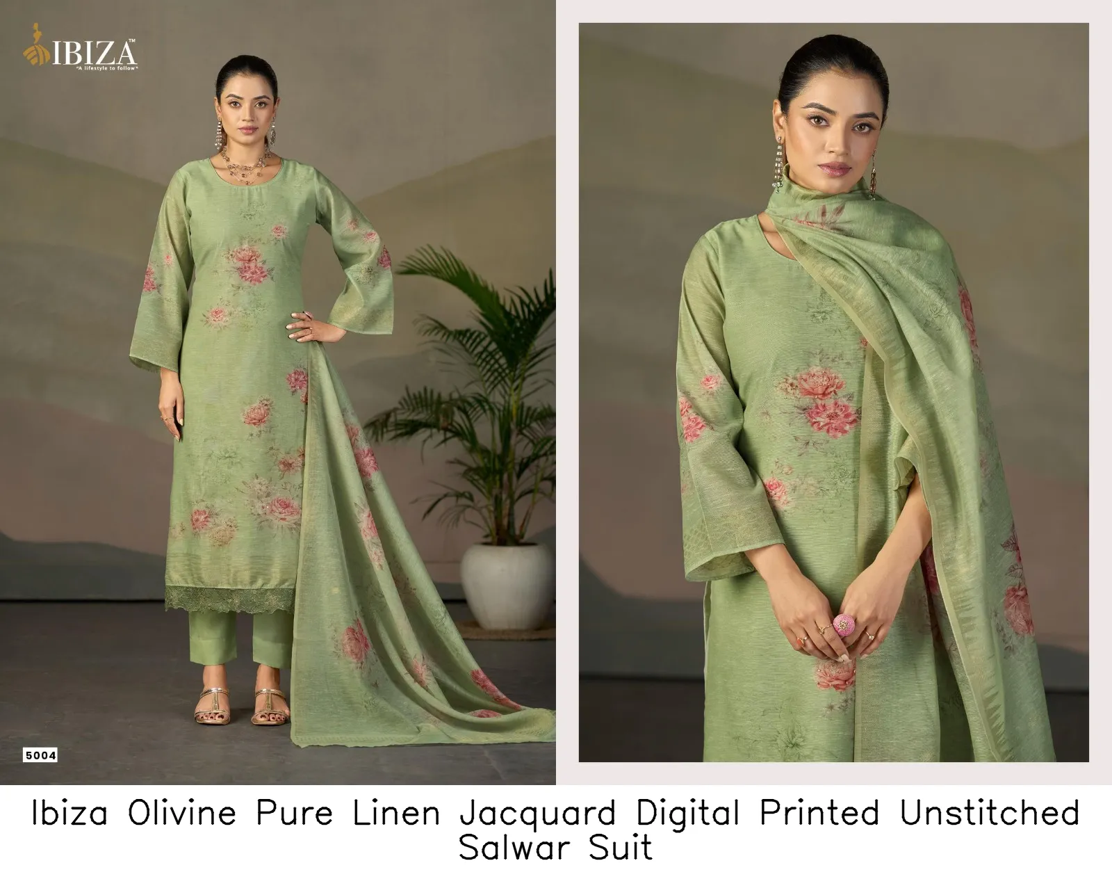 Ibiza Olivine Pure Linen Jacquard Digital Printed Unstitched Salwar Suit — Wholesale Salwar Suits, Ibiza wholesale from Surat - Gallery Image 3