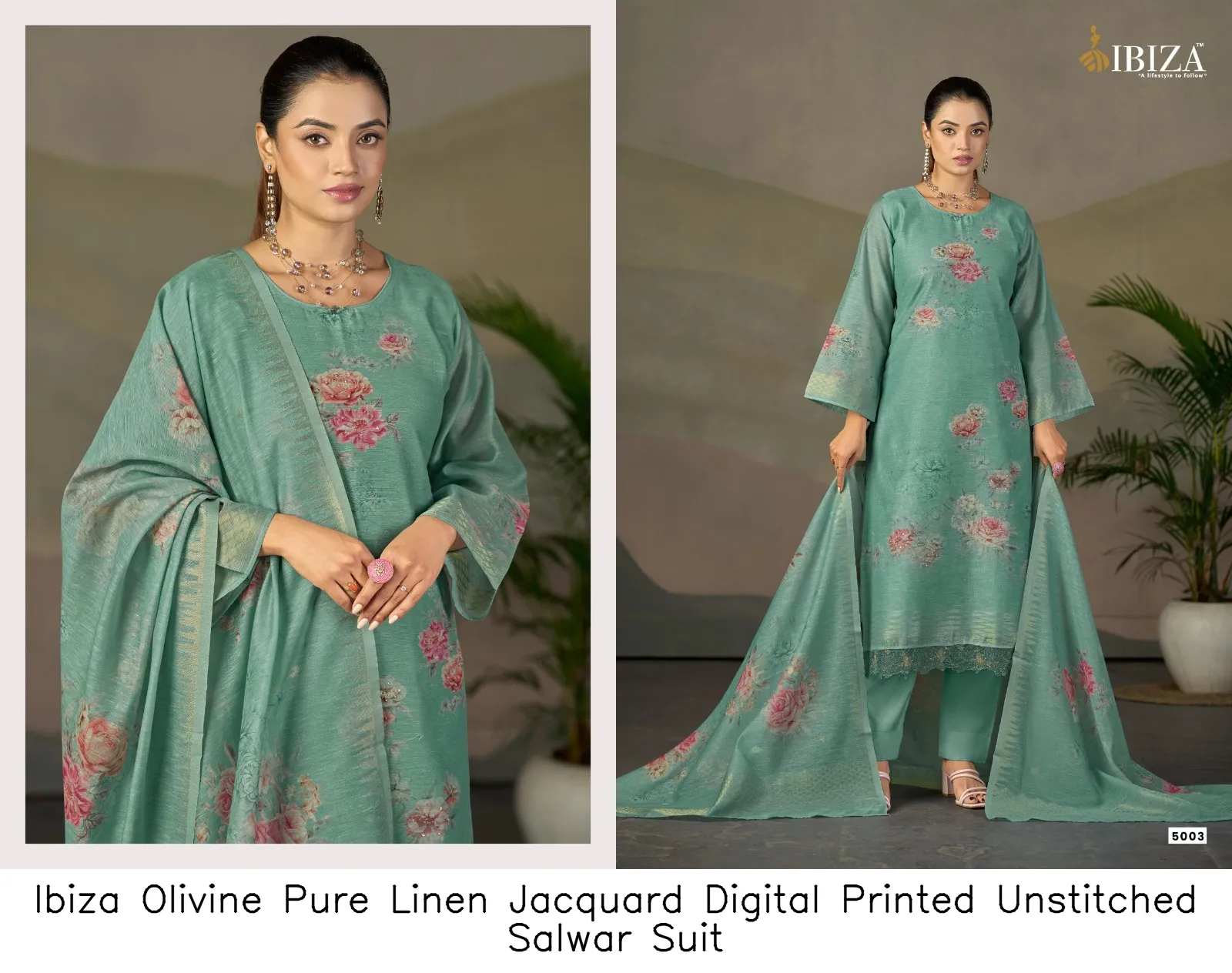 Ibiza Olivine Pure Linen Jacquard Digital Printed Unstitched Salwar Suit — Wholesale Salwar Suits, Ibiza wholesale from Surat - Gallery Image 4