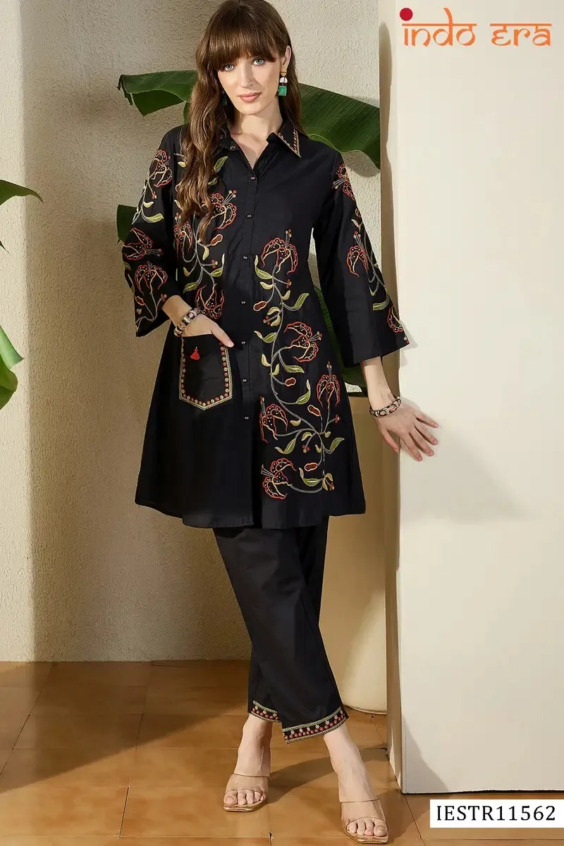 Indo Era 2643 Cotton Embroidered Shirt Collar Top With Bottom Set — Wholesale Cotton Kurti Pant Set, Indo Era wholesale from Surat — view 1