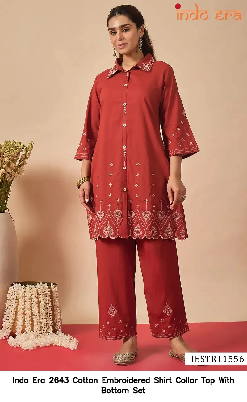 Indo Era 2643 Cotton Embroidered Shirt Collar Top With Bottom Set — Wholesale Cotton Kurti Pant Set, Indo Era wholesale from Surat — view 3