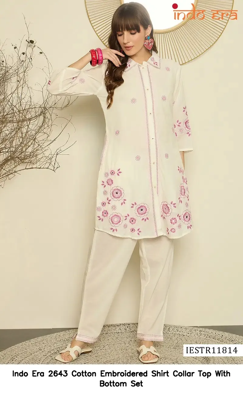 Indo Era 2643 Cotton Embroidered Shirt Collar Top With Bottom Set — Wholesale Cotton Kurti Pant Set, Indo Era wholesale from Surat — view 4
