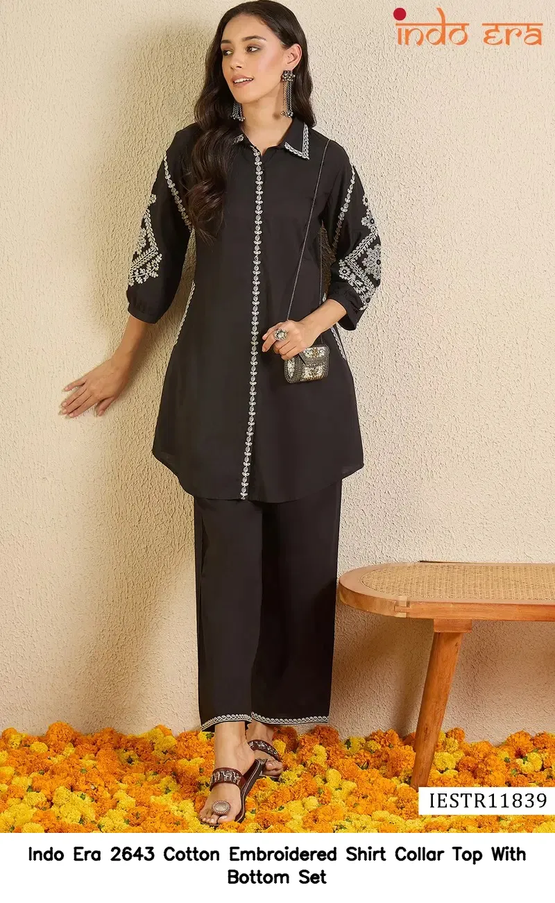 Indo Era 2643 Cotton Embroidered Shirt Collar Top With Bottom Set — Wholesale Cotton Kurti Pant Set, Indo Era wholesale from Surat — view 5