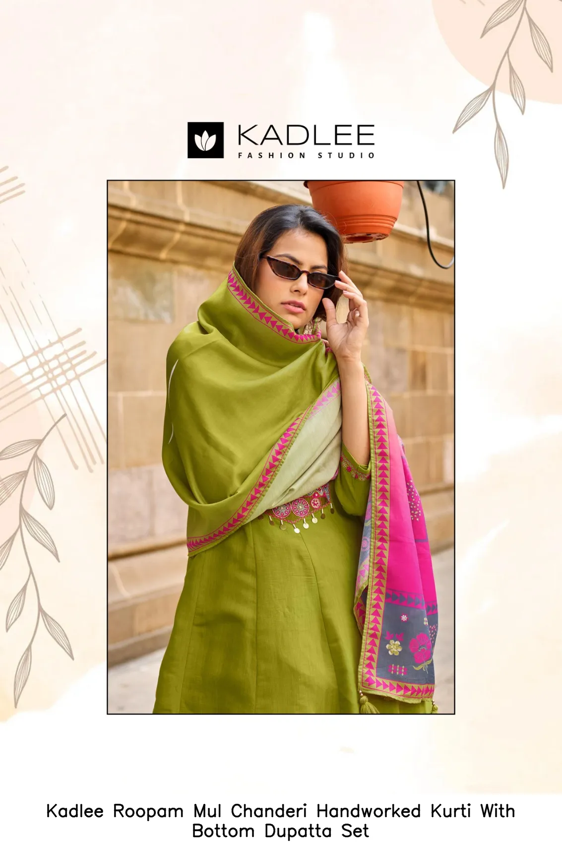 Kadlee Roopam Mul Chanderi Handworked Kurti With Bottom Dupatta Set — Wholesale Cotton Kurti Pant Set, Kadlee Fashion Studio wholesale from Surat - Gallery Image 2