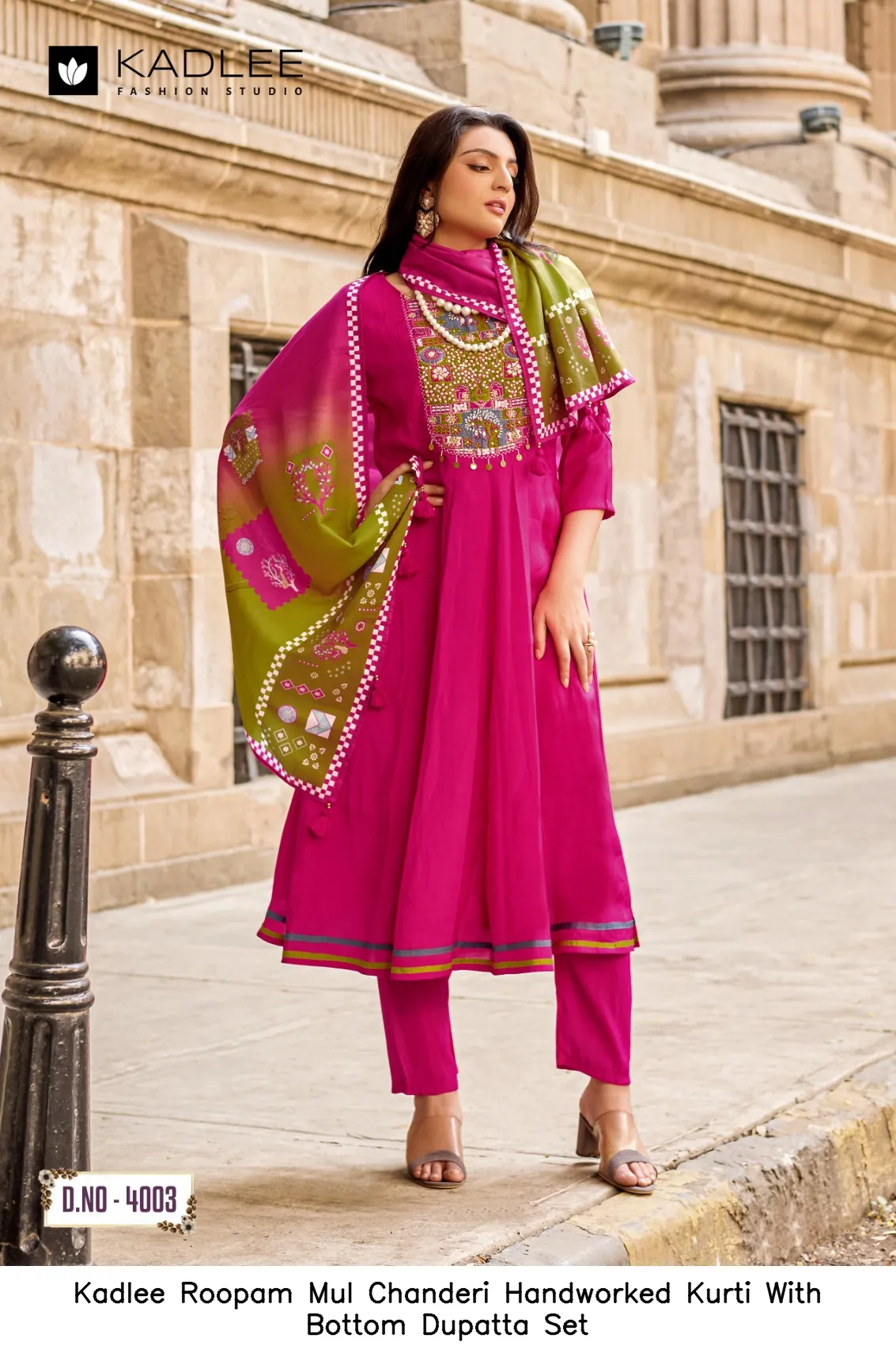 Kadlee Roopam Mul Chanderi Handworked Kurti With Bottom Dupatta Set — Wholesale Cotton Kurti Pant Set, Kadlee Fashion Studio wholesale from Surat - Gallery Image 3