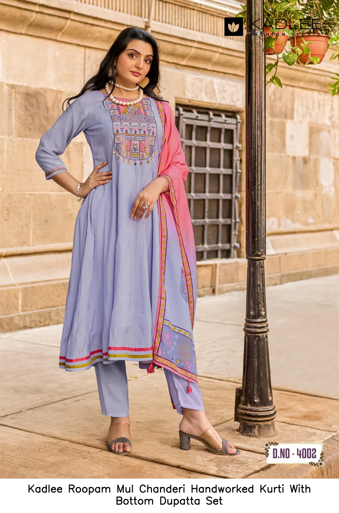 Kadlee Roopam Mul Chanderi Handworked Kurti With Bottom Dupatta Set — Wholesale Cotton Kurti Pant Set, Kadlee Fashion Studio wholesale from Surat - Gallery Image 4