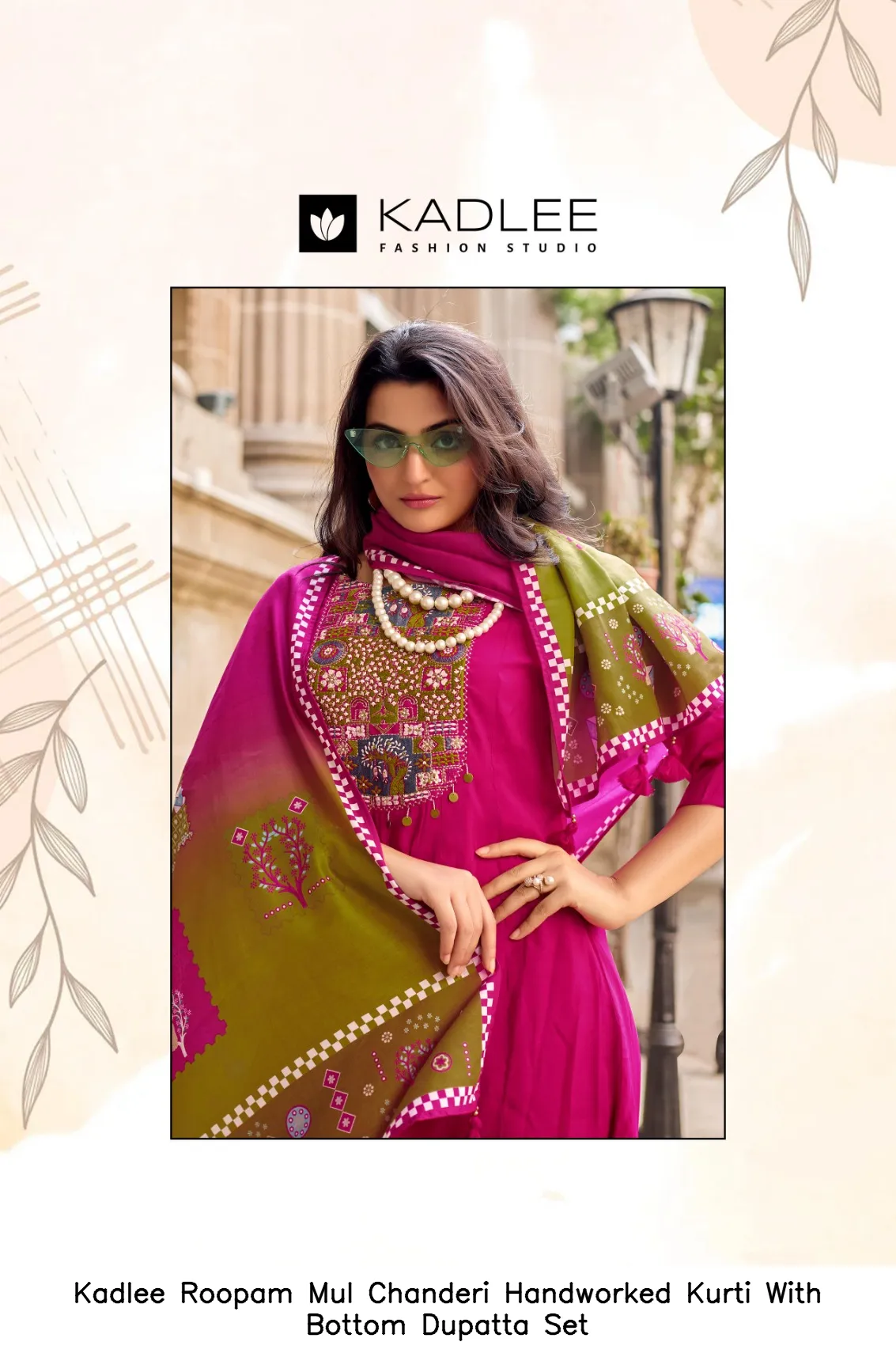 Kadlee Roopam Mul Chanderi Handworked Kurti With Bottom Dupatta Set — Wholesale Cotton Kurti Pant Set, Kadlee Fashion Studio wholesale from Surat — view 5