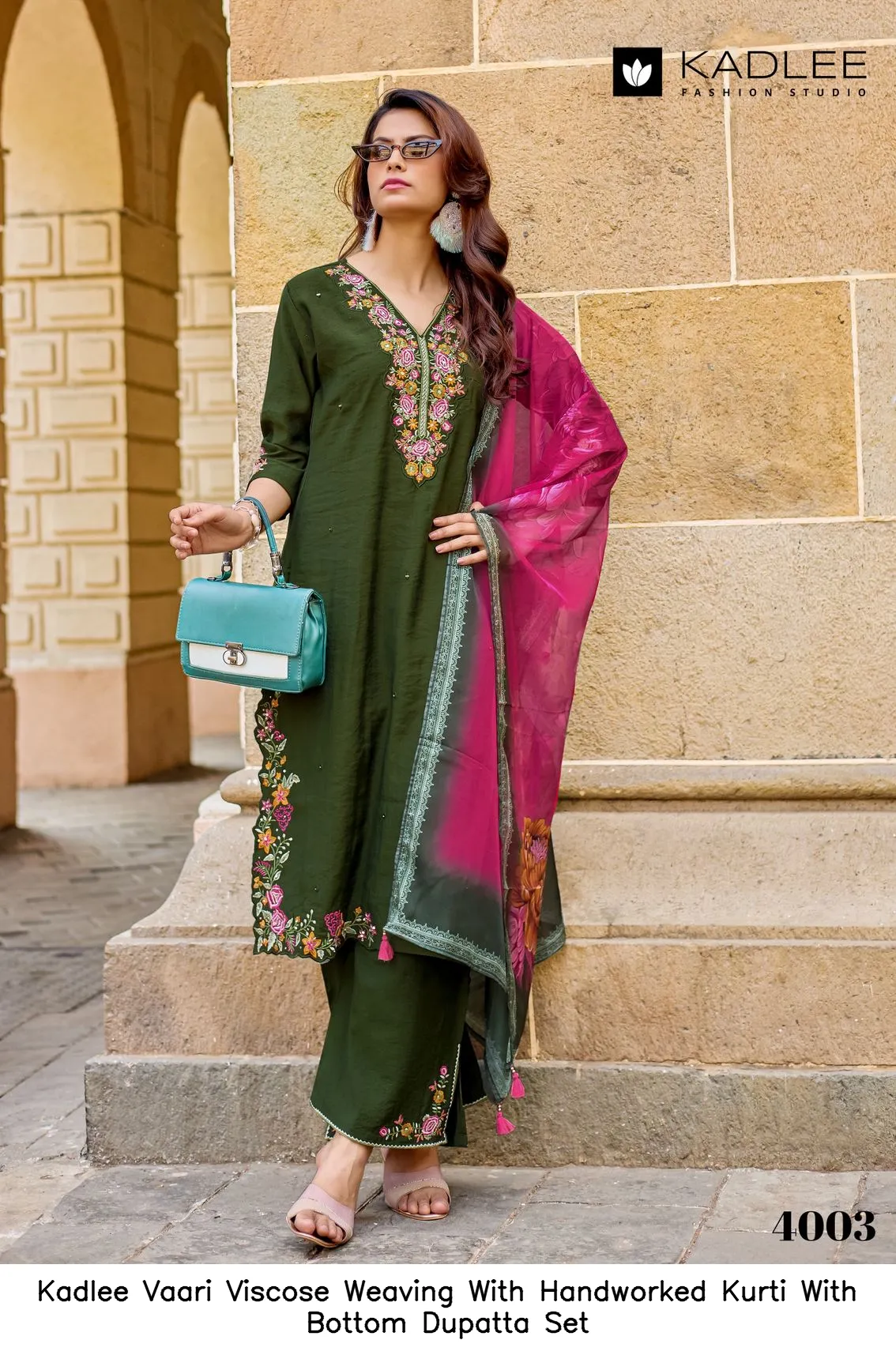 Kadlee Vaari Viscose Weaving With Handworked Kurti With Bottom Dupatta Set — Wholesale Festival Salwar Suits, Kadlee Fashion Studio wholesale from Surat - Gallery Image 5