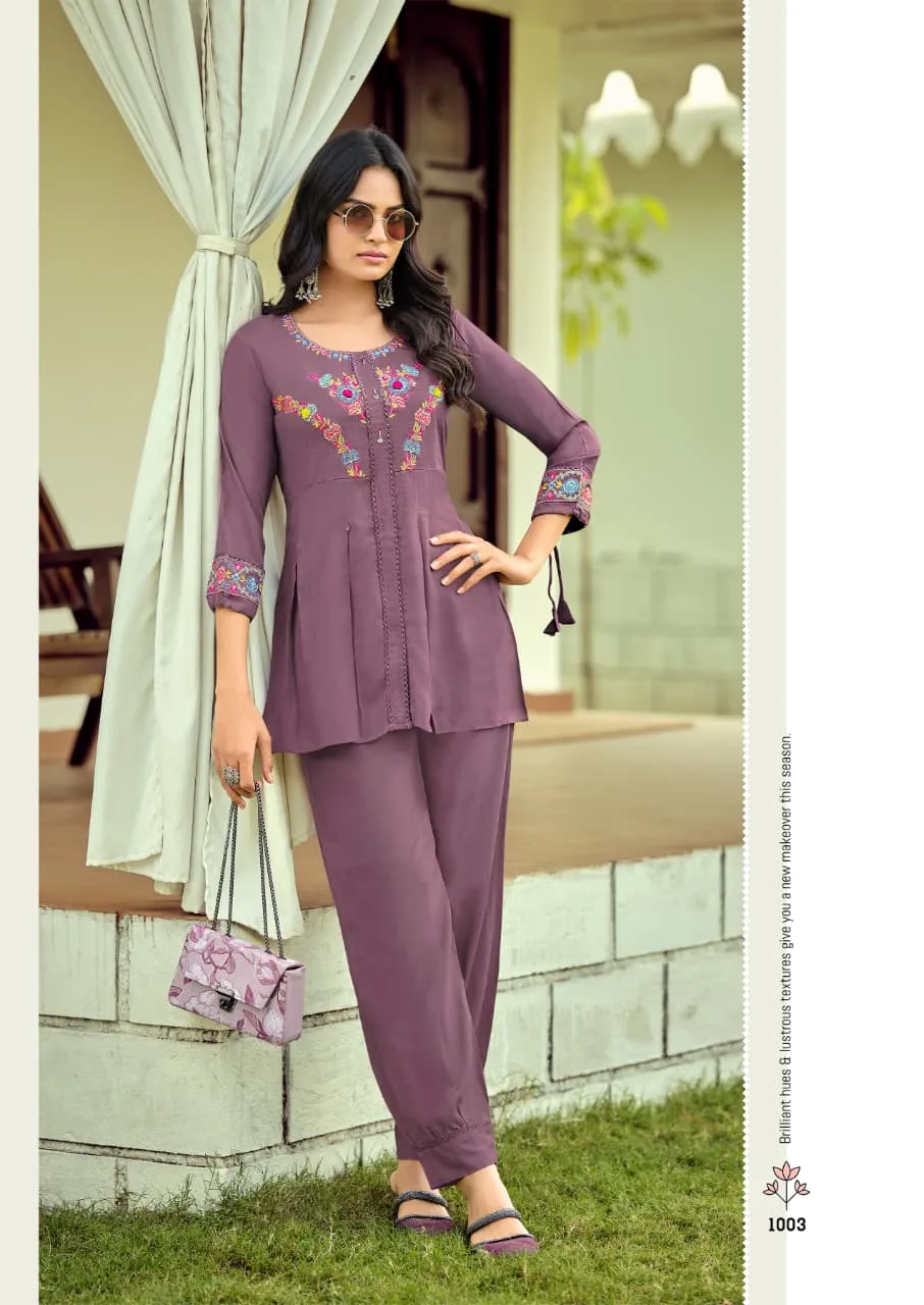 Karissa Celina Vol 3 Viscose Rayon Slub Co Ord Set Collection — Wholesale Cotton Kurti Pant Set, Karissa wholesale from Surat — view 1