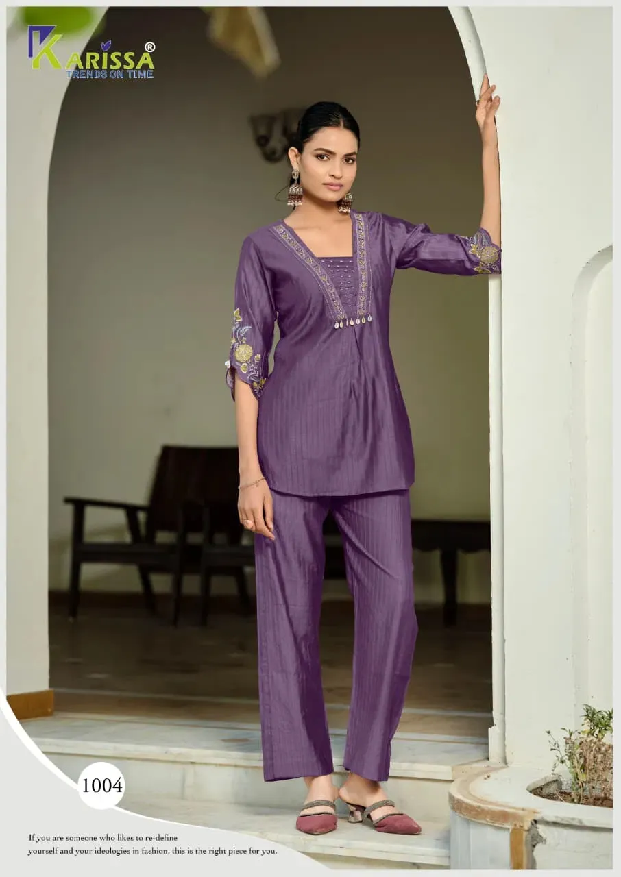 Karissa Jiya Soft Viscose Thread Worked Co Ord Set — Wholesale Cotton Kurti Pant Set, Karissa wholesale from Surat — view 1