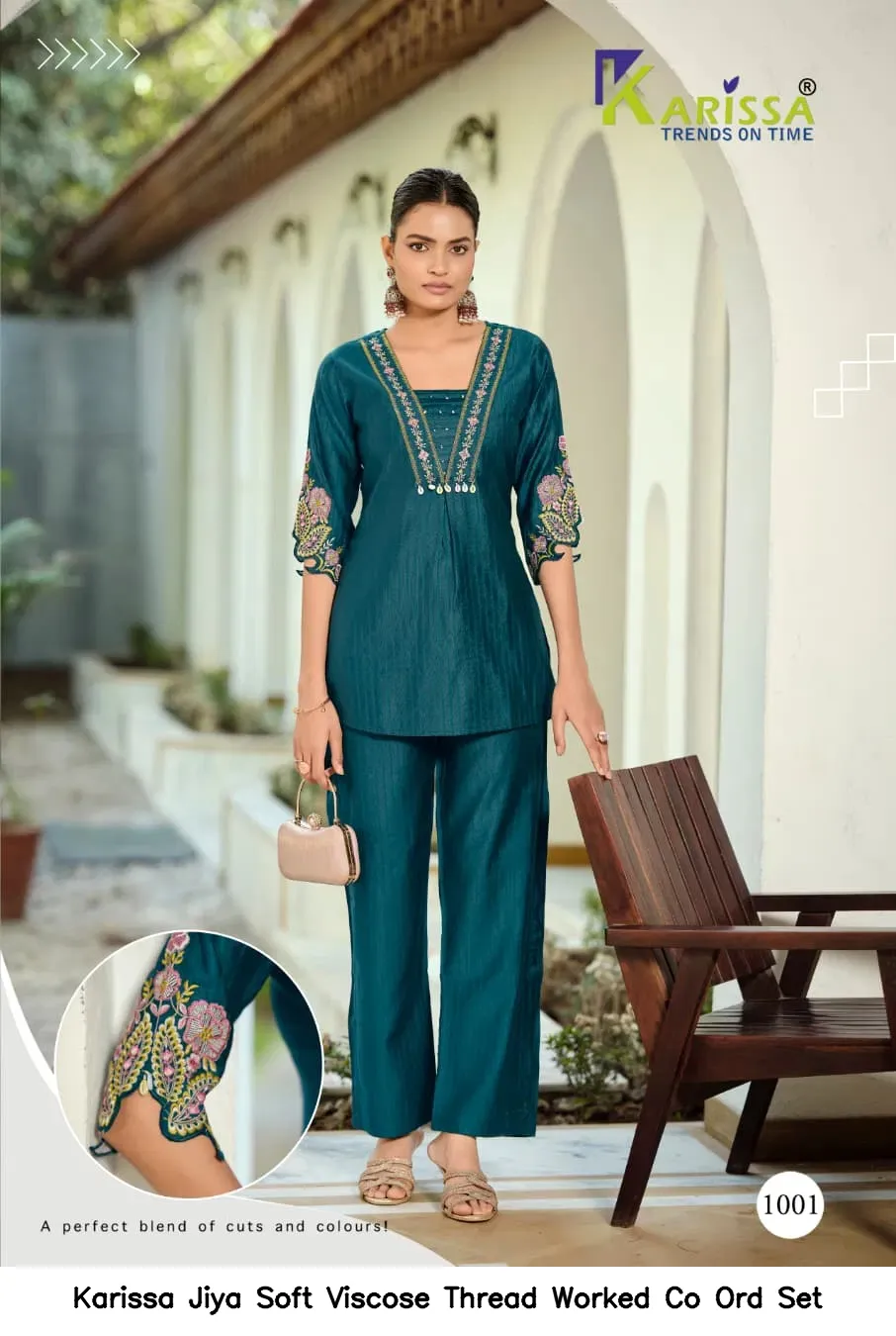 Karissa Jiya Soft Viscose Thread Worked Co Ord Set — Wholesale Cotton Kurti Pant Set, Karissa wholesale from Surat — view 3