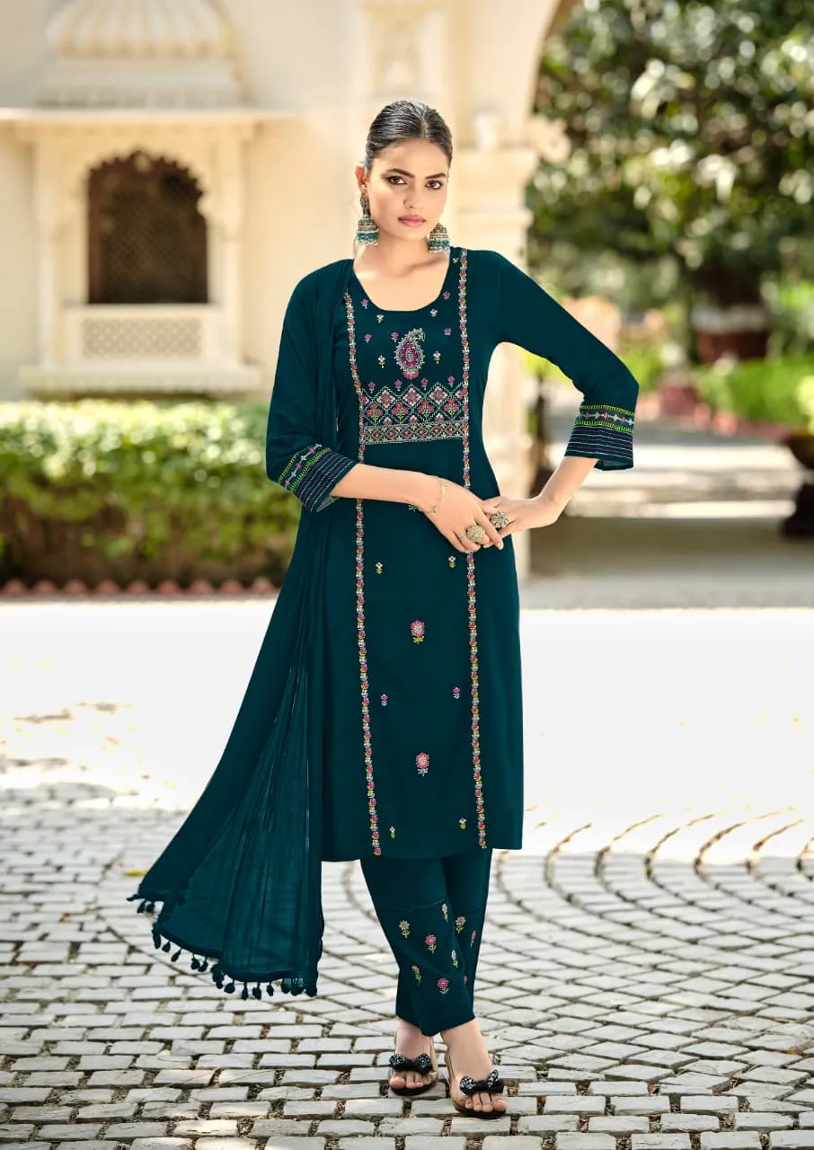 Karissa Kasida Vol 3 Rayon With Embroidered Kurti With Bottom Dupatta Set